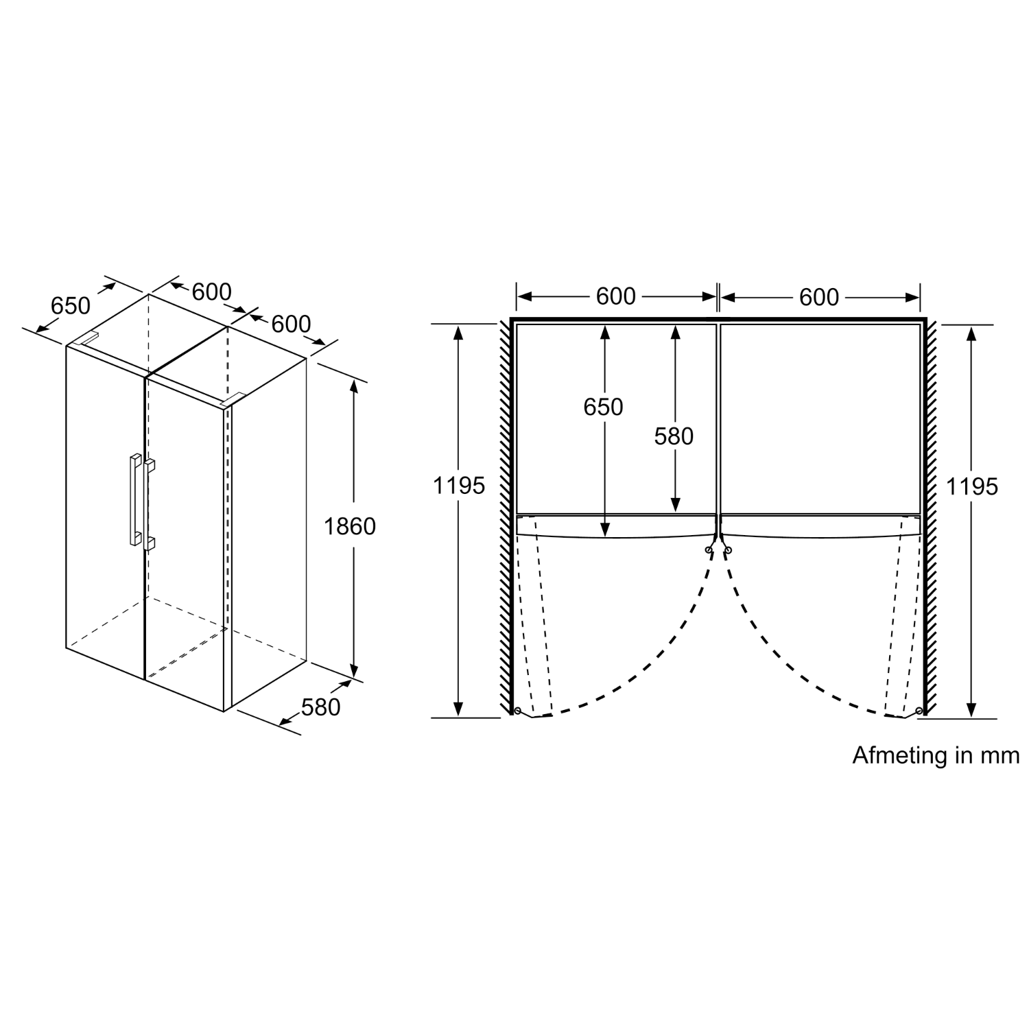 Diagram of a shower cabin with dimensions in mm, side and front views.
