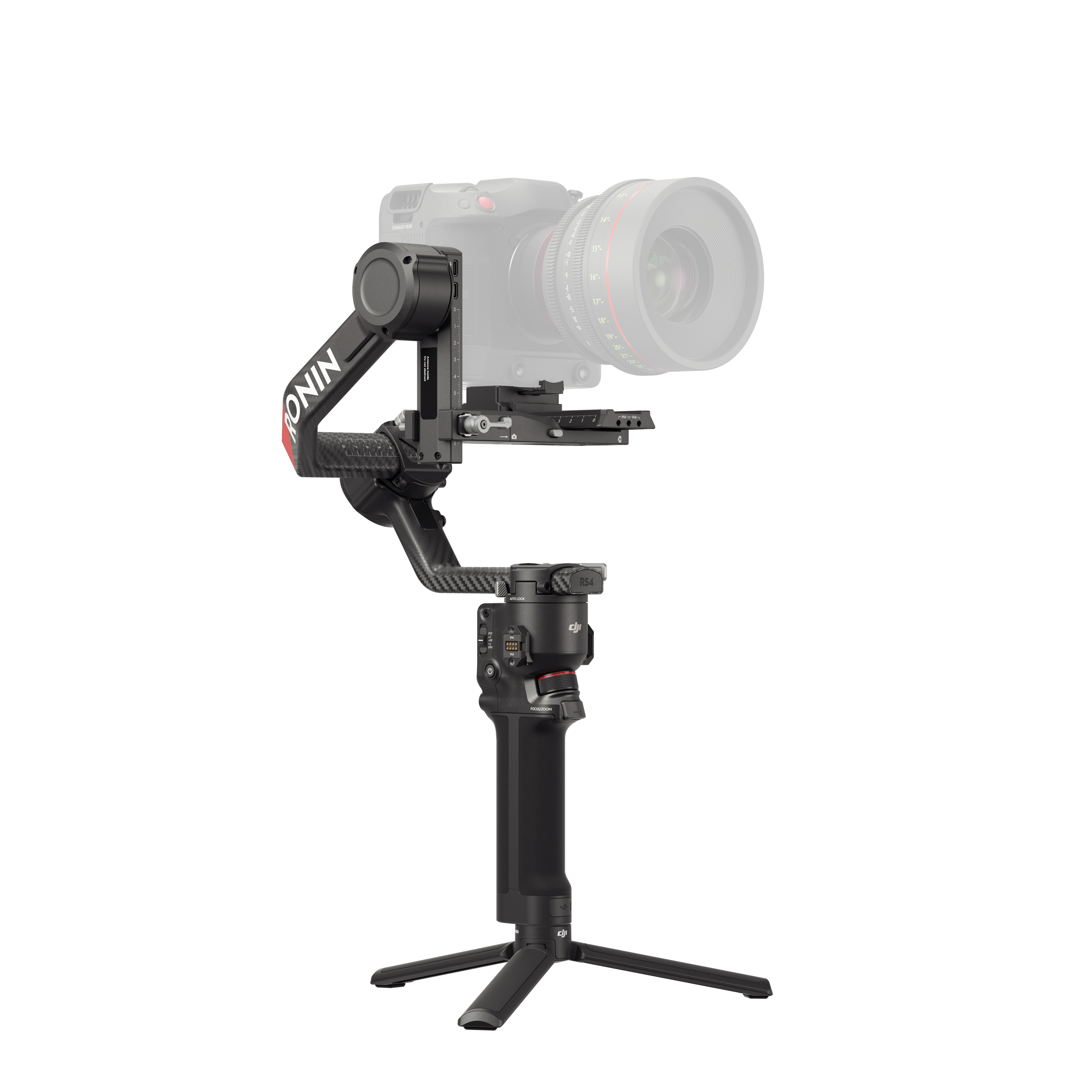 Eine Kamera auf einem schwarzen Gimbal mit Stativ montiert. Weißer Hintergrund.
