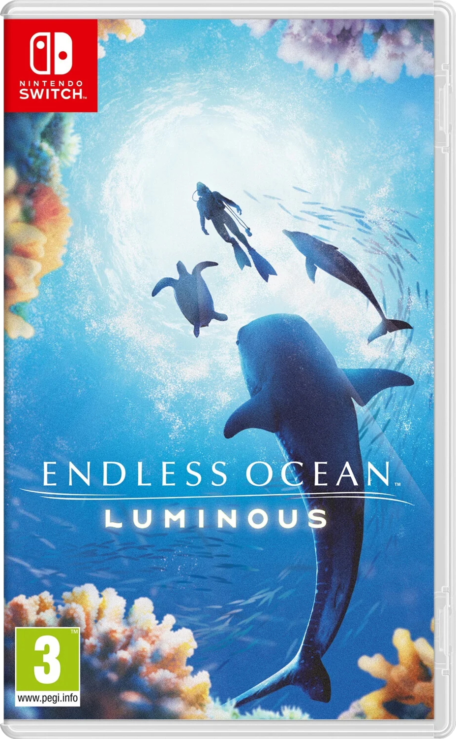 Nintendo Switch gamebox. De cover toont zeeleven: walvis, vissen, schildpadden en een duiker.