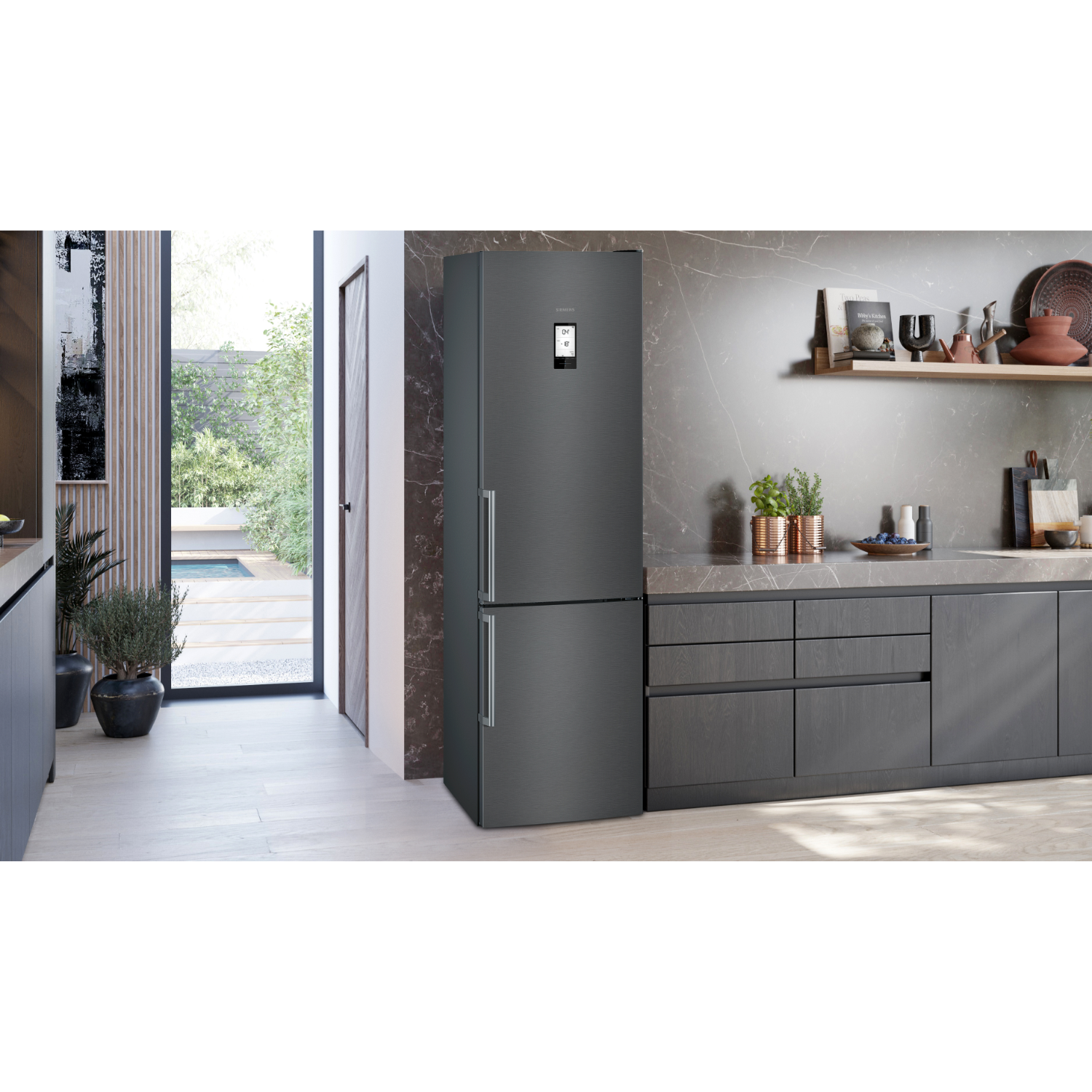 A dark gray refrigerator with a two-door design in a modern kitchen.
