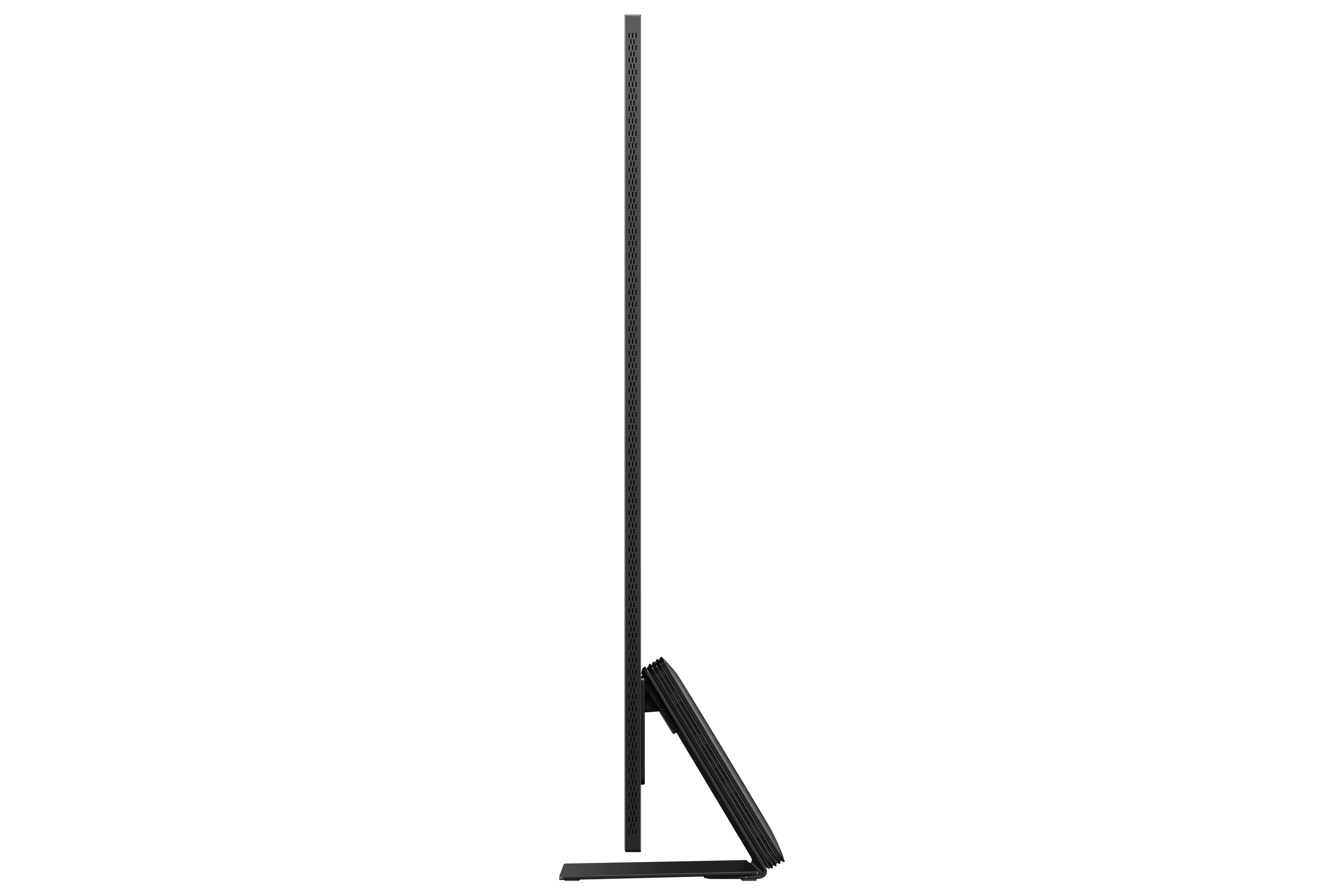 Seitenansicht eines schwarzen Samsung Neo QLED TVs. Bildschirm und Standfuß sichtbar.