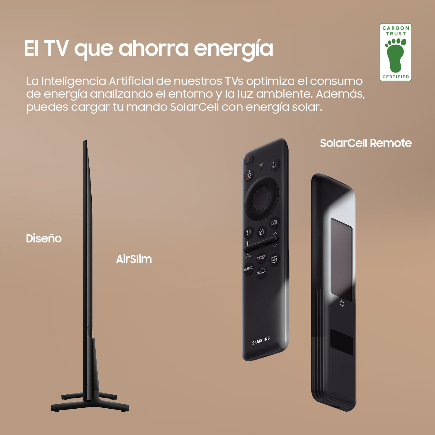 TV y mando a distancia. El TV es delgado y negro. El mando es negro con botones y panel solar.