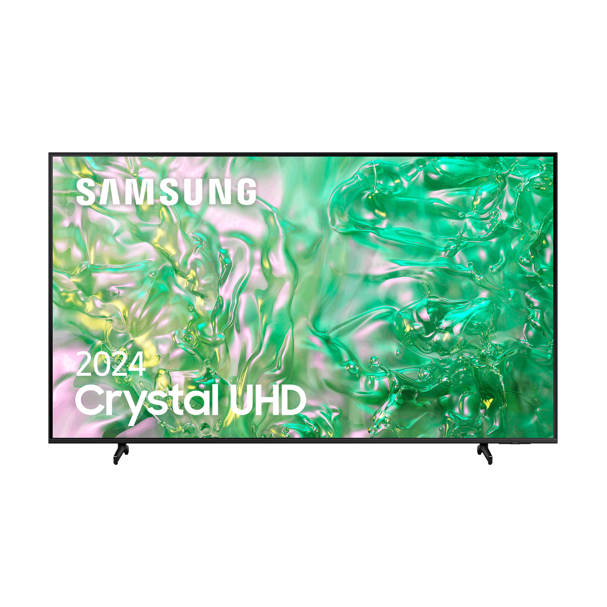 Un televisor Samsung 2024 Crystal UHD muestra una imagen verde abstracta sobre fondo negro.