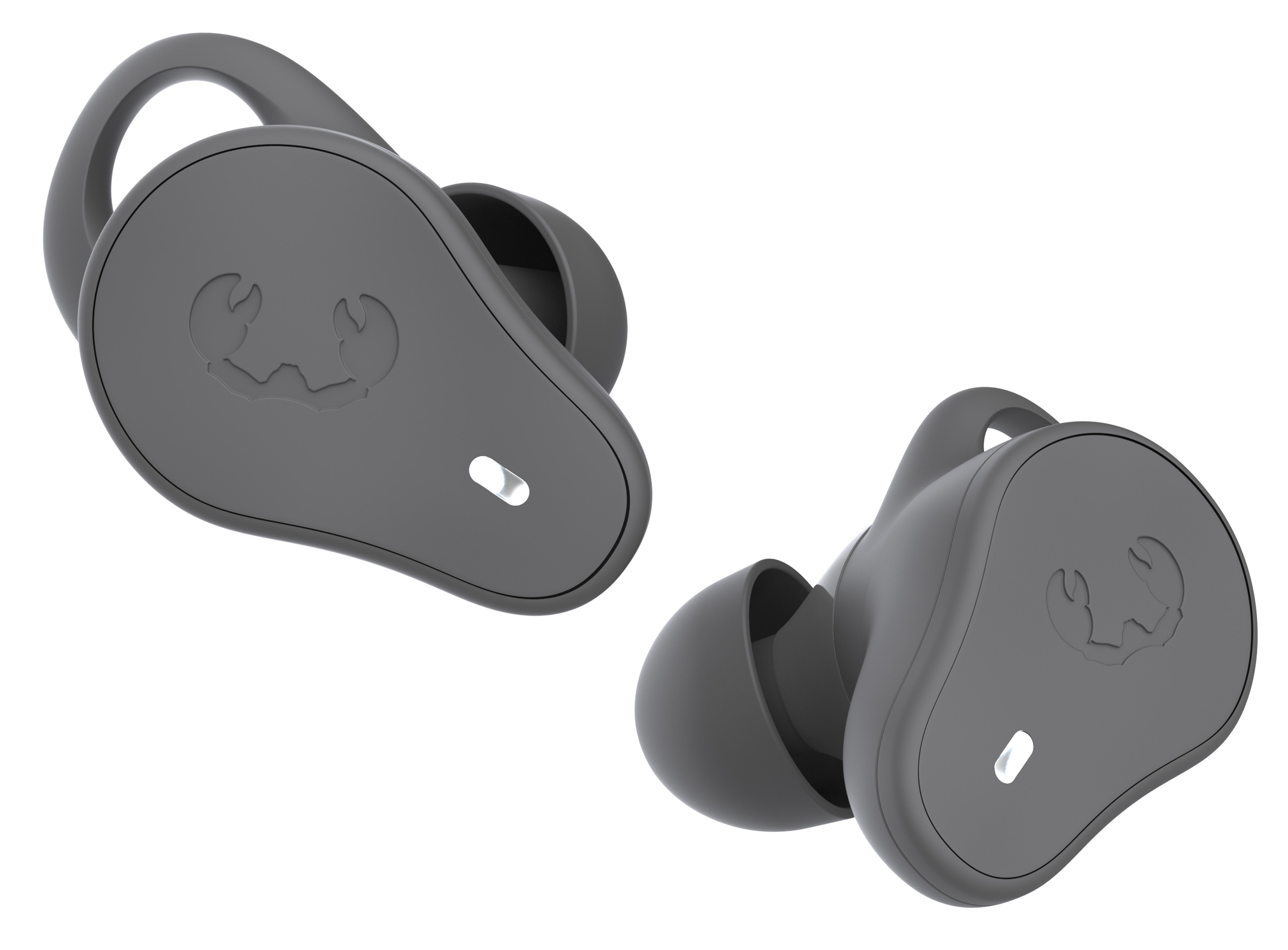 Dwa szare słuchawki True Wireless o zakrzywionym kształcie i małym logo na białym tle.