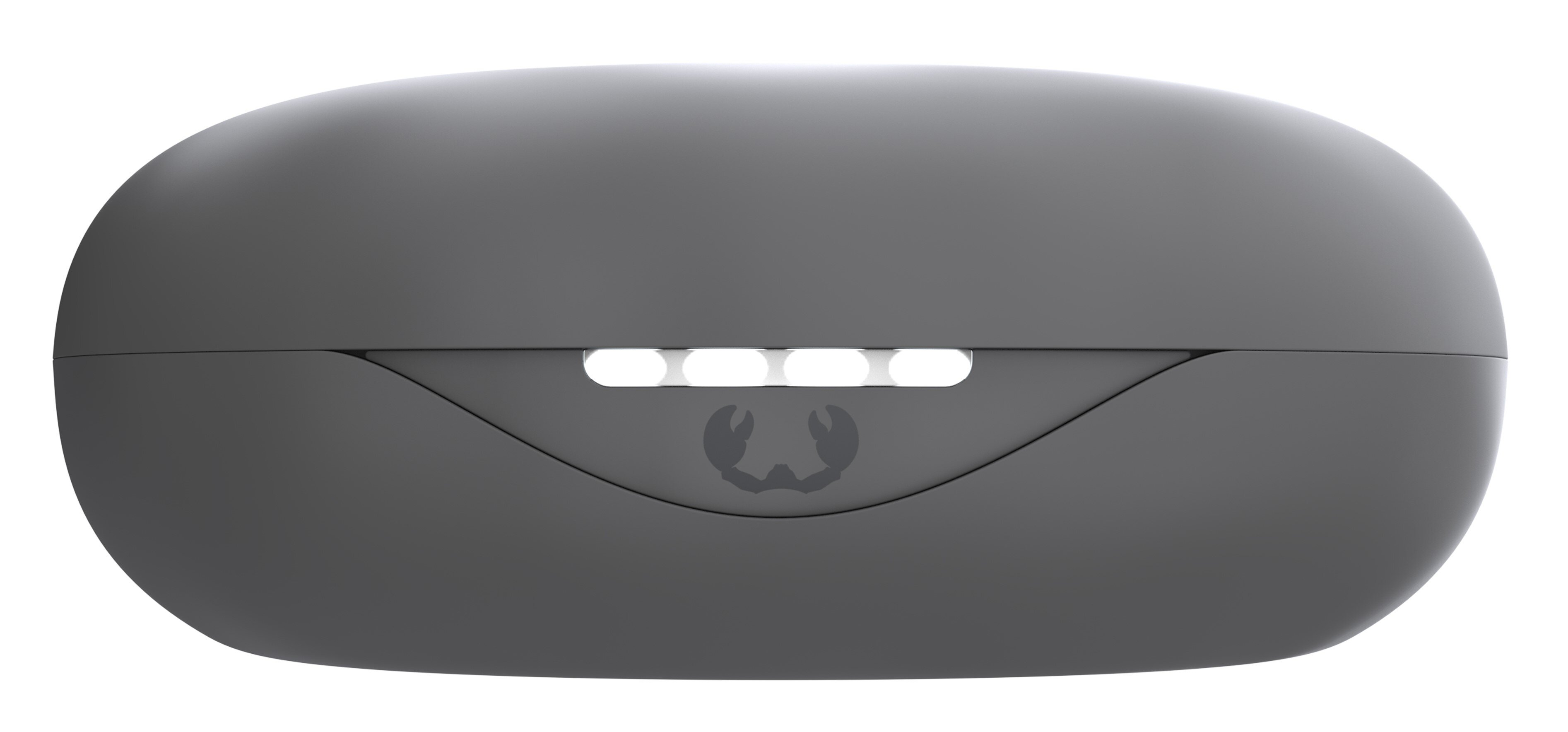 Zamknięte, ciemnoszare etui na słuchawki z logo, na jasnym tle.