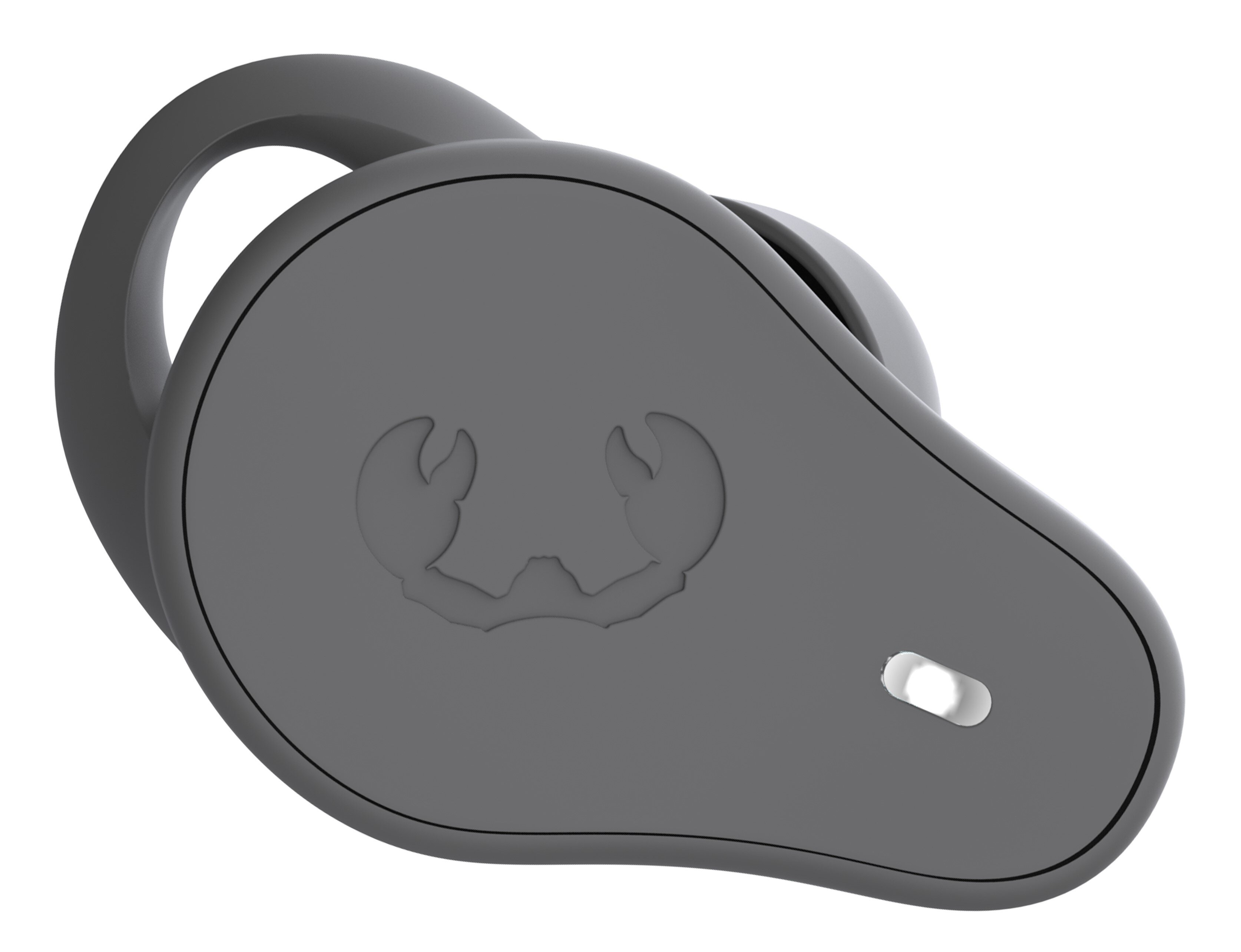 Szary pączek douszny z logo kraba i małym białym otworem.