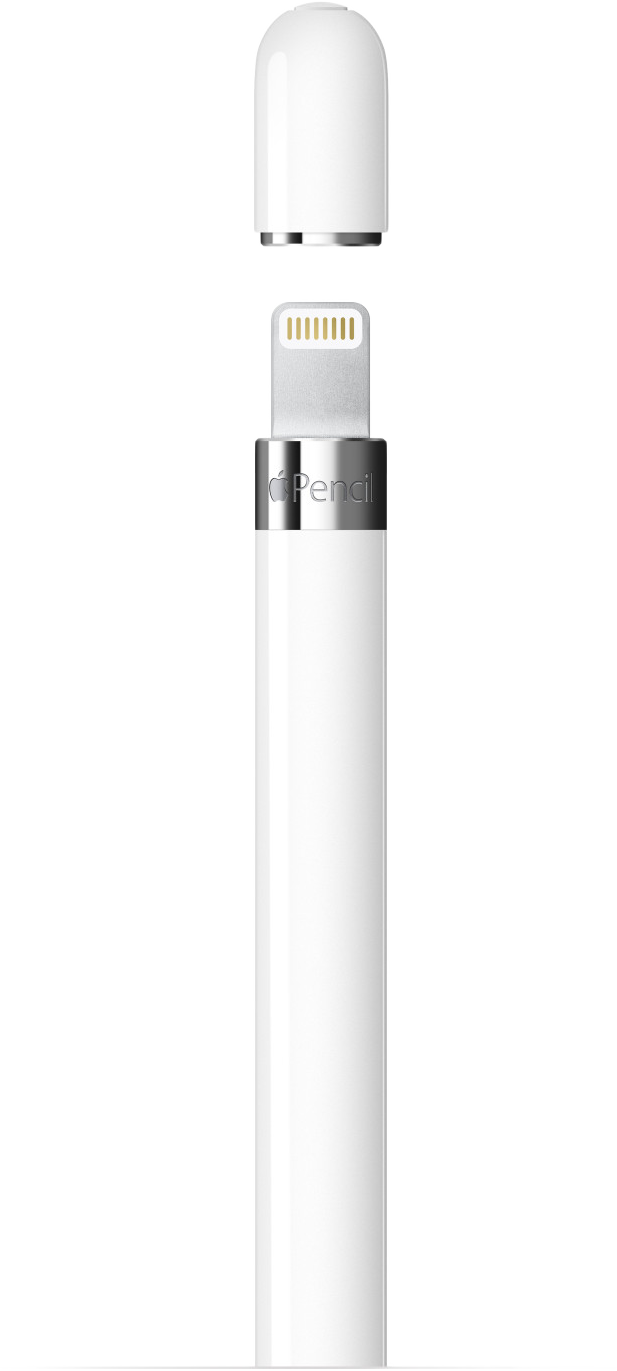 Apple Pencil kupak nélkül, a Lightning csatlakozót mutatva, fekete háttéren.