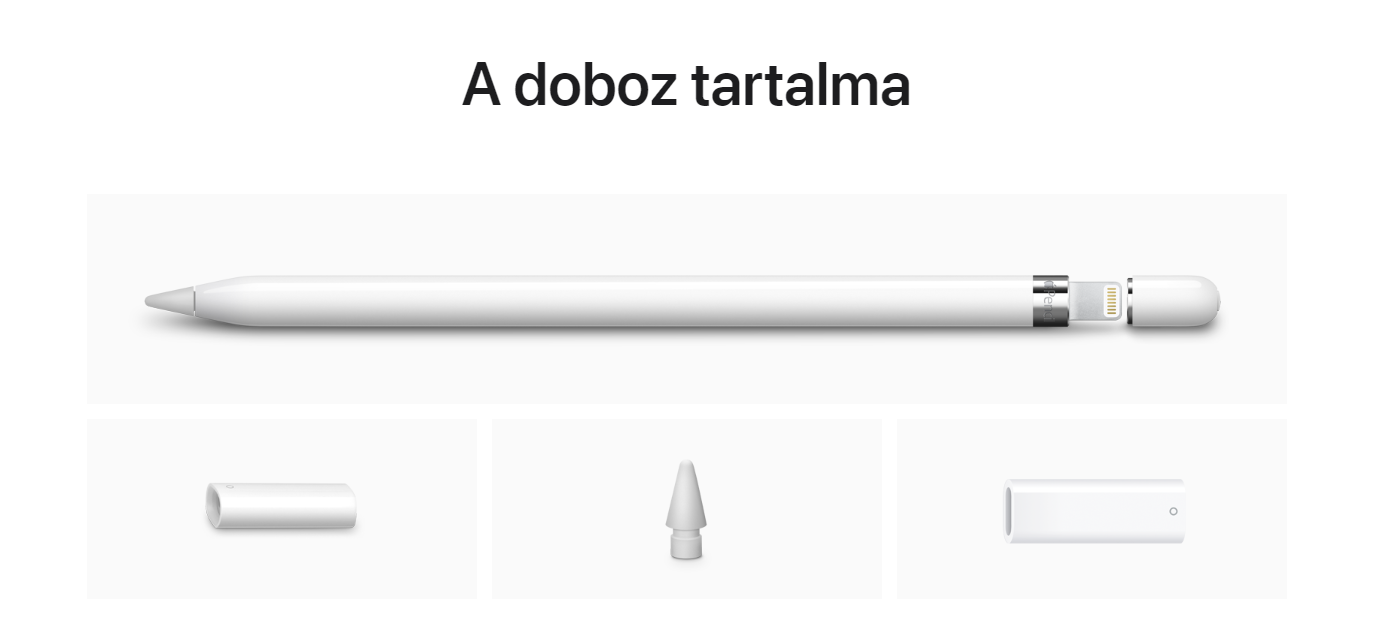 Egy Apple Pencil a tartozékaival: kupak, póthegy és töltőadapter.