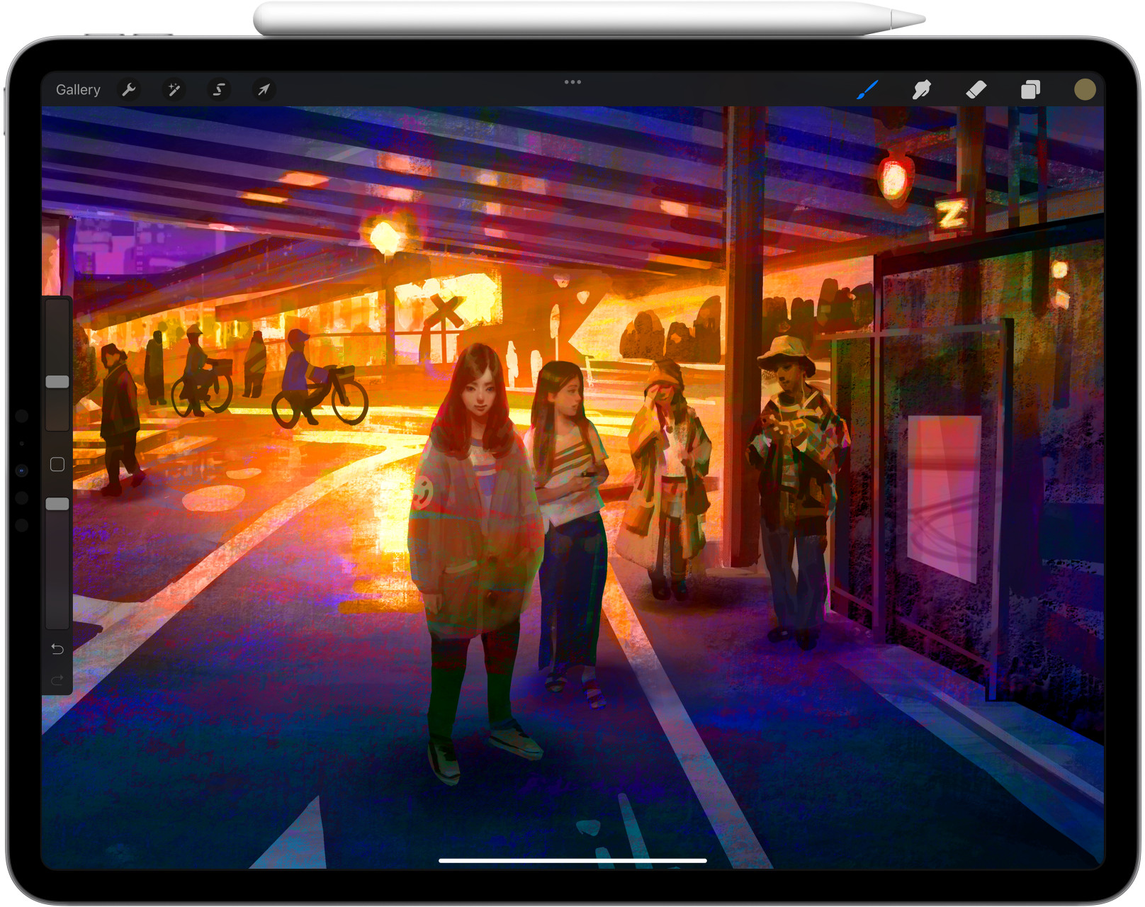 iPad egy színes digitális illusztrációt jelenít meg egy utcaképről emberekkel és egy híddal.