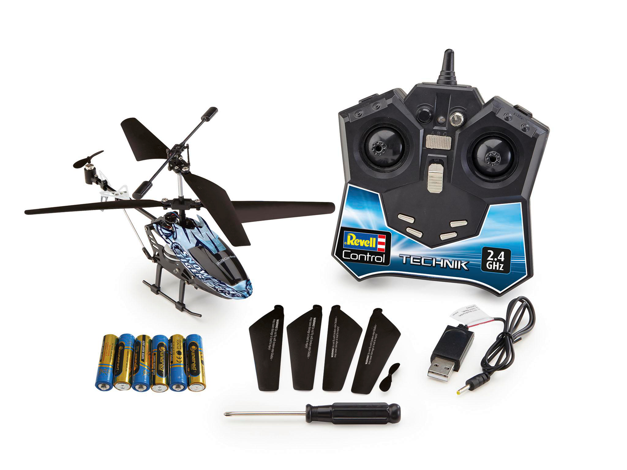 Fernbedienung-Hubschrauber mit Zubehör: Ersatzblätter, Schraubendreher, Batterien, Ladekabel und Fernbedienung.