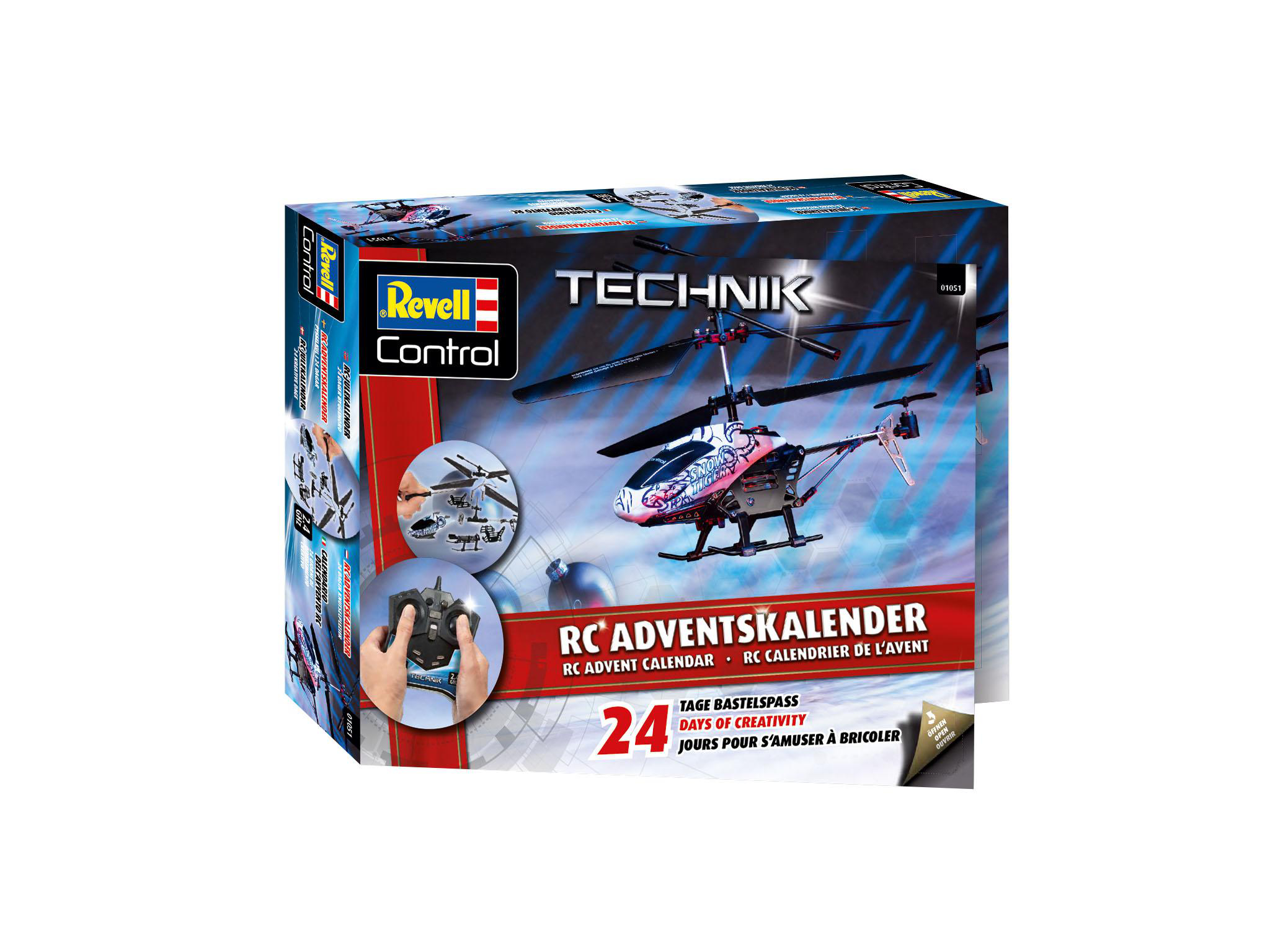 RC Adventskalender-Box mit einem Hubschrauberbild.