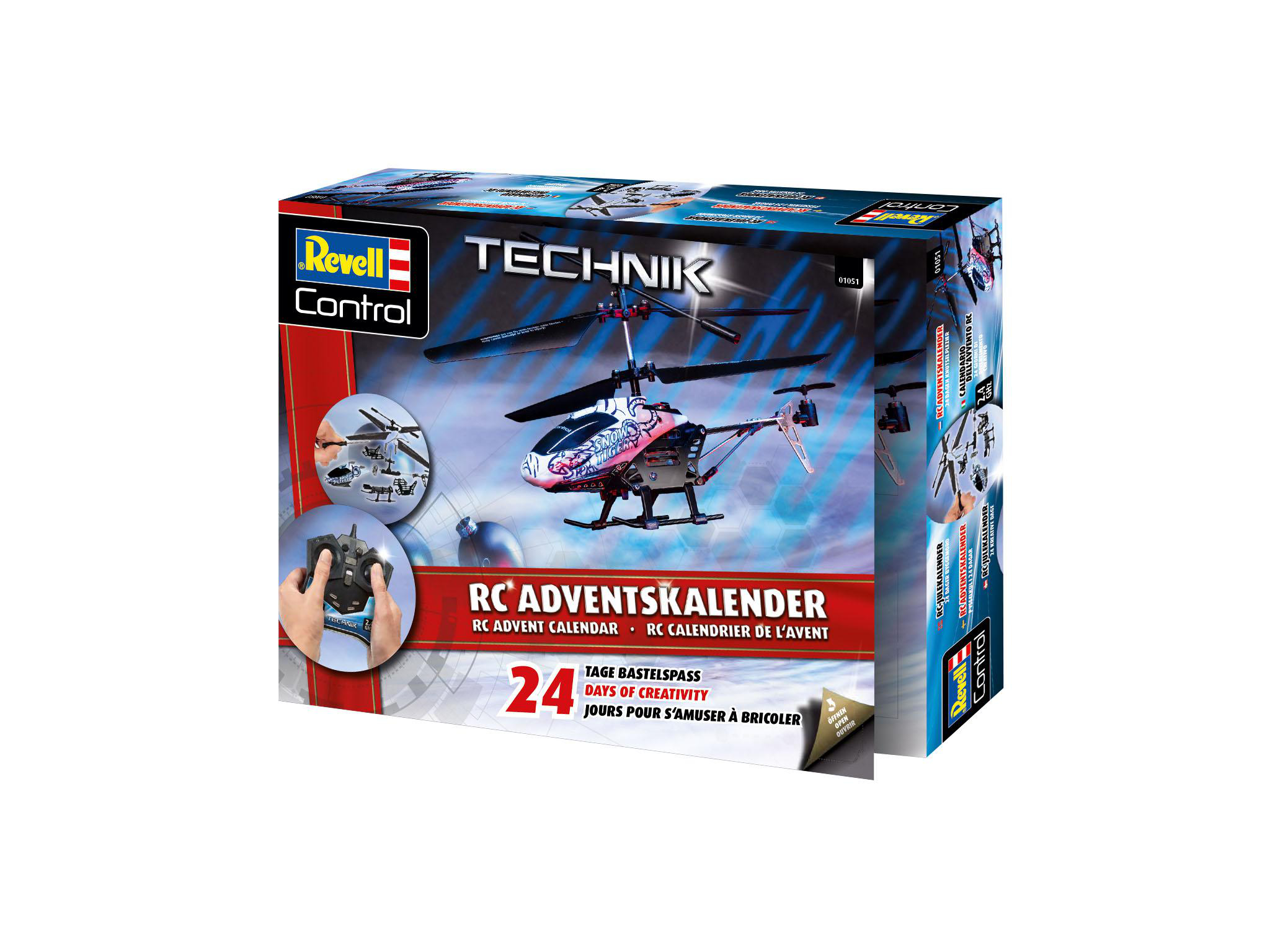 Ein Revell RC Adventskalender-Karton mit einem Hubschrauber auf der Vorderseite.