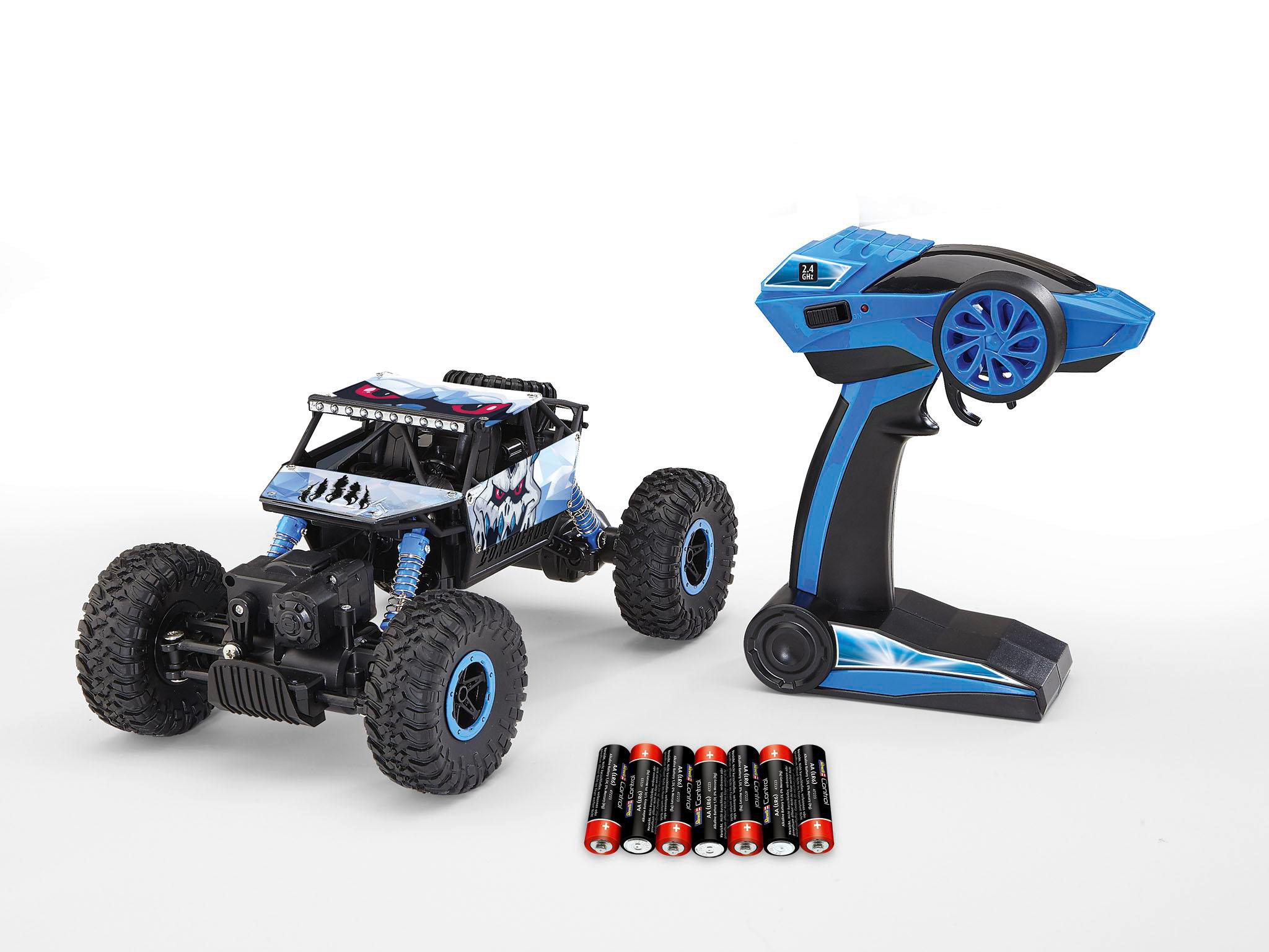Ein blau-schwarzes ferngesteuertes Auto mit Batterien.