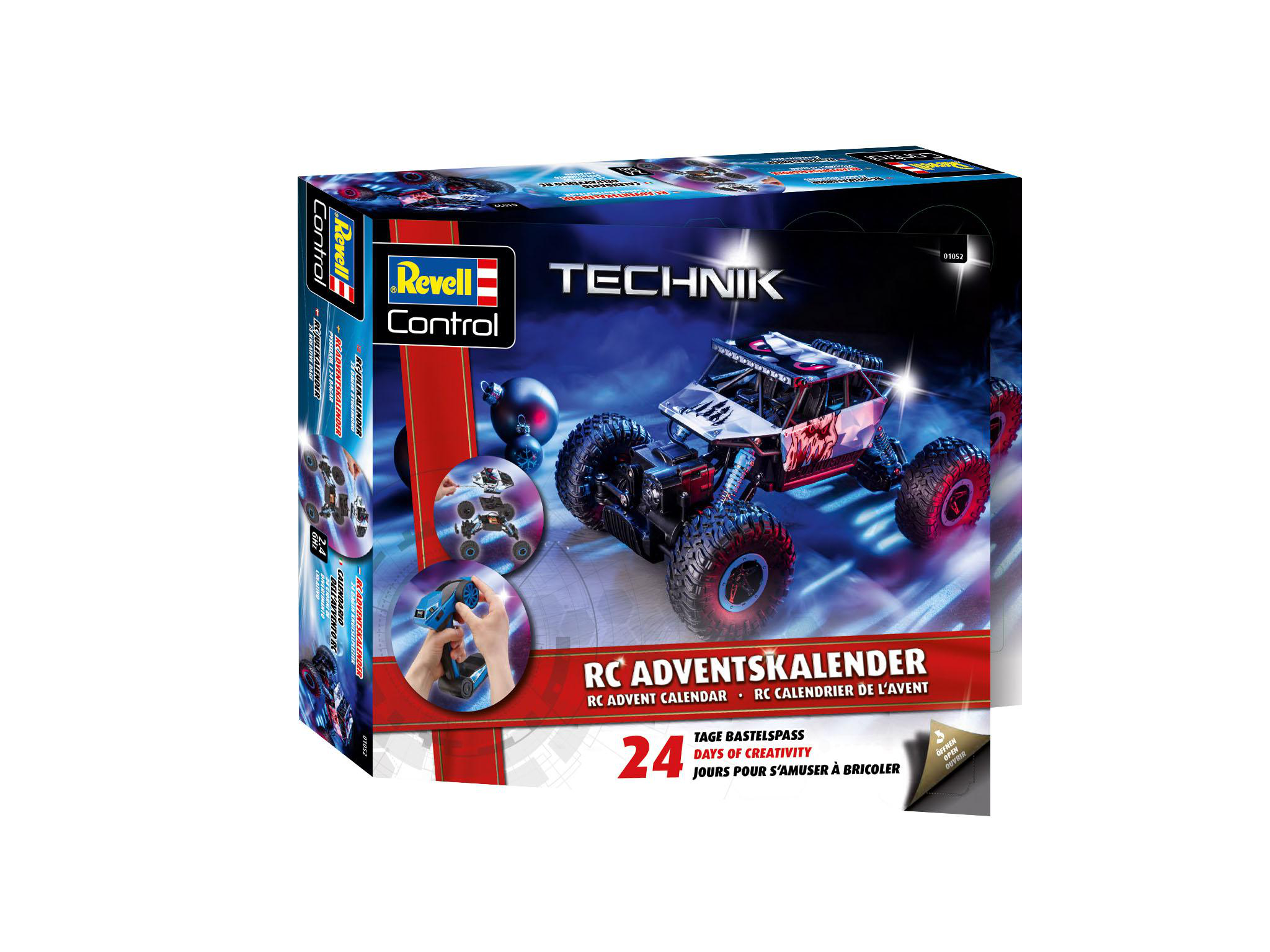Eine Box für einen RC Adventskalender mit einem Spielzeug-LKW und Fernbedienung mit technischen Details.