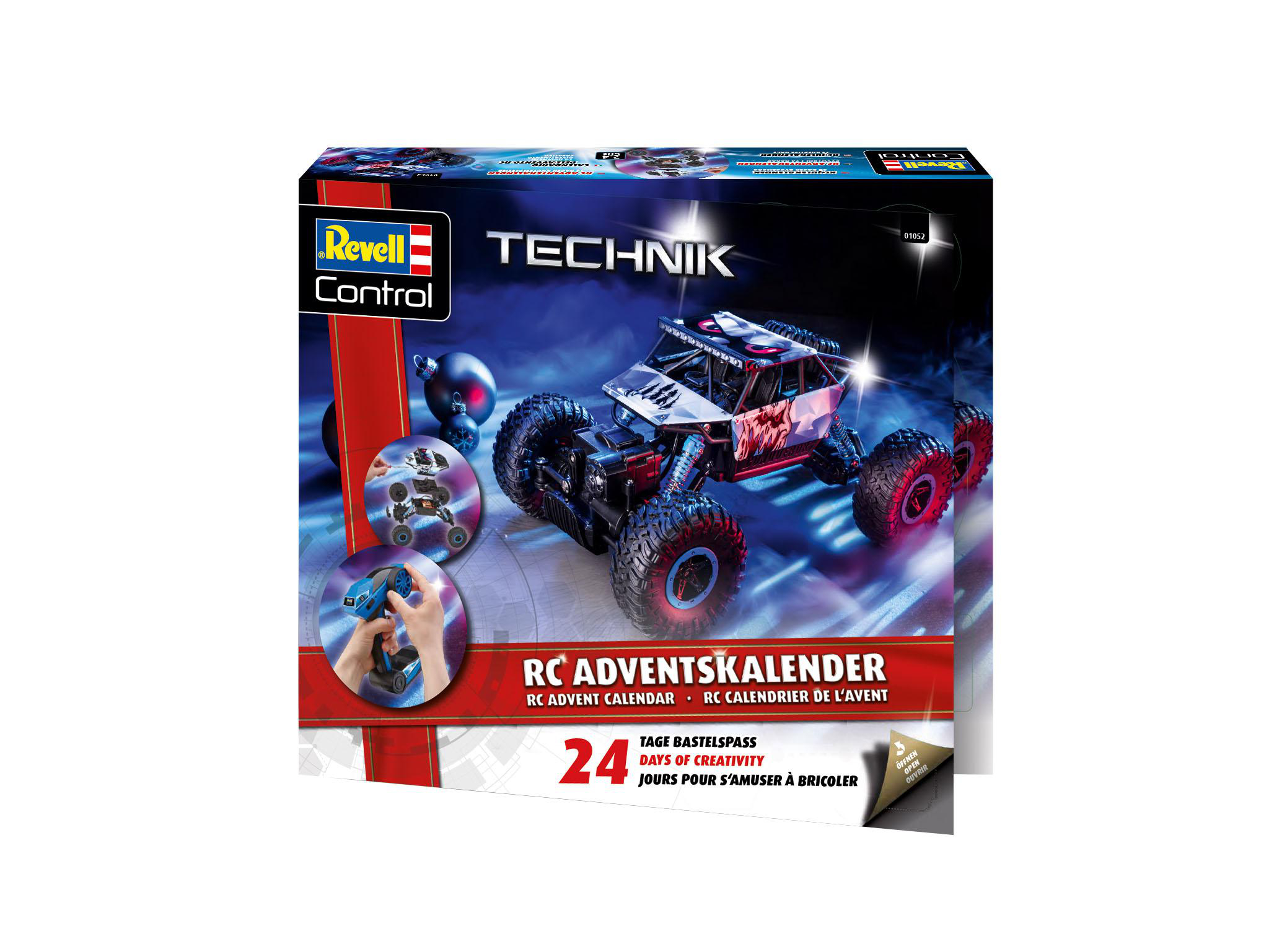 Ein Revell RC Adventskalender Karton mit einem Spielzeugauto-Bild und Text.