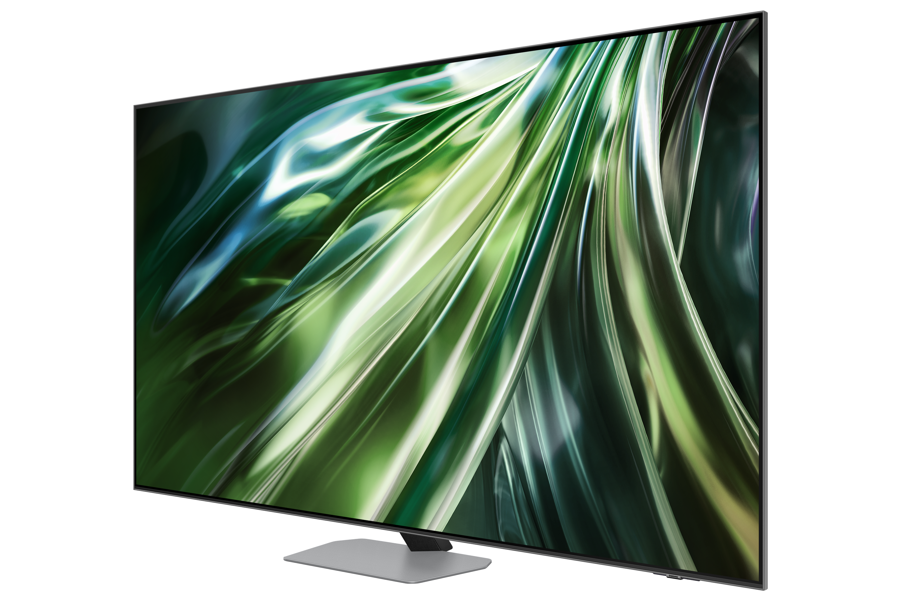 Ein großer Fernseher mit geschwungenem Bildschirm und grün-silbernem abstraktem Design.