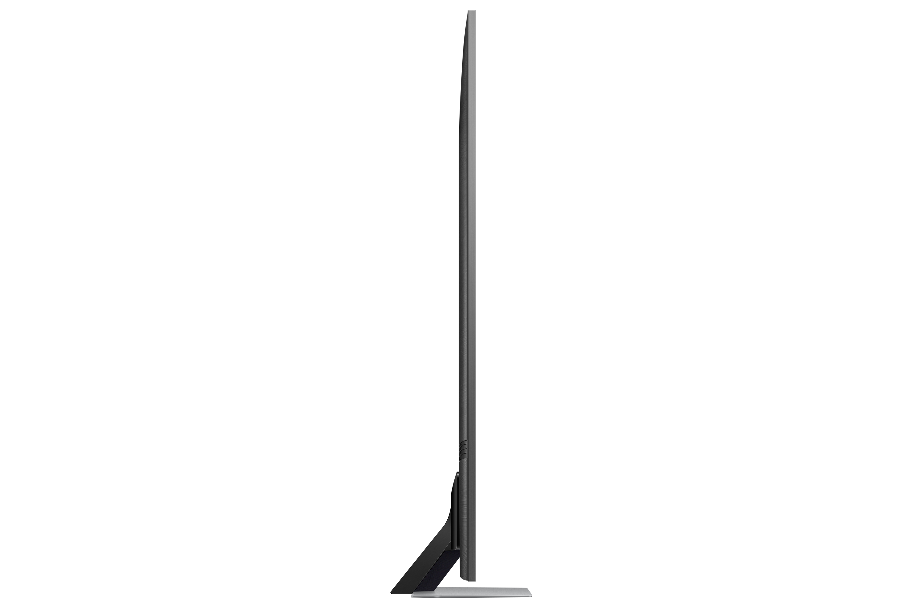Seitenansicht eines schlanken, dünnen schwarzen Fernsehers vor schwarzem Hintergrund. Minimalistisches Design.