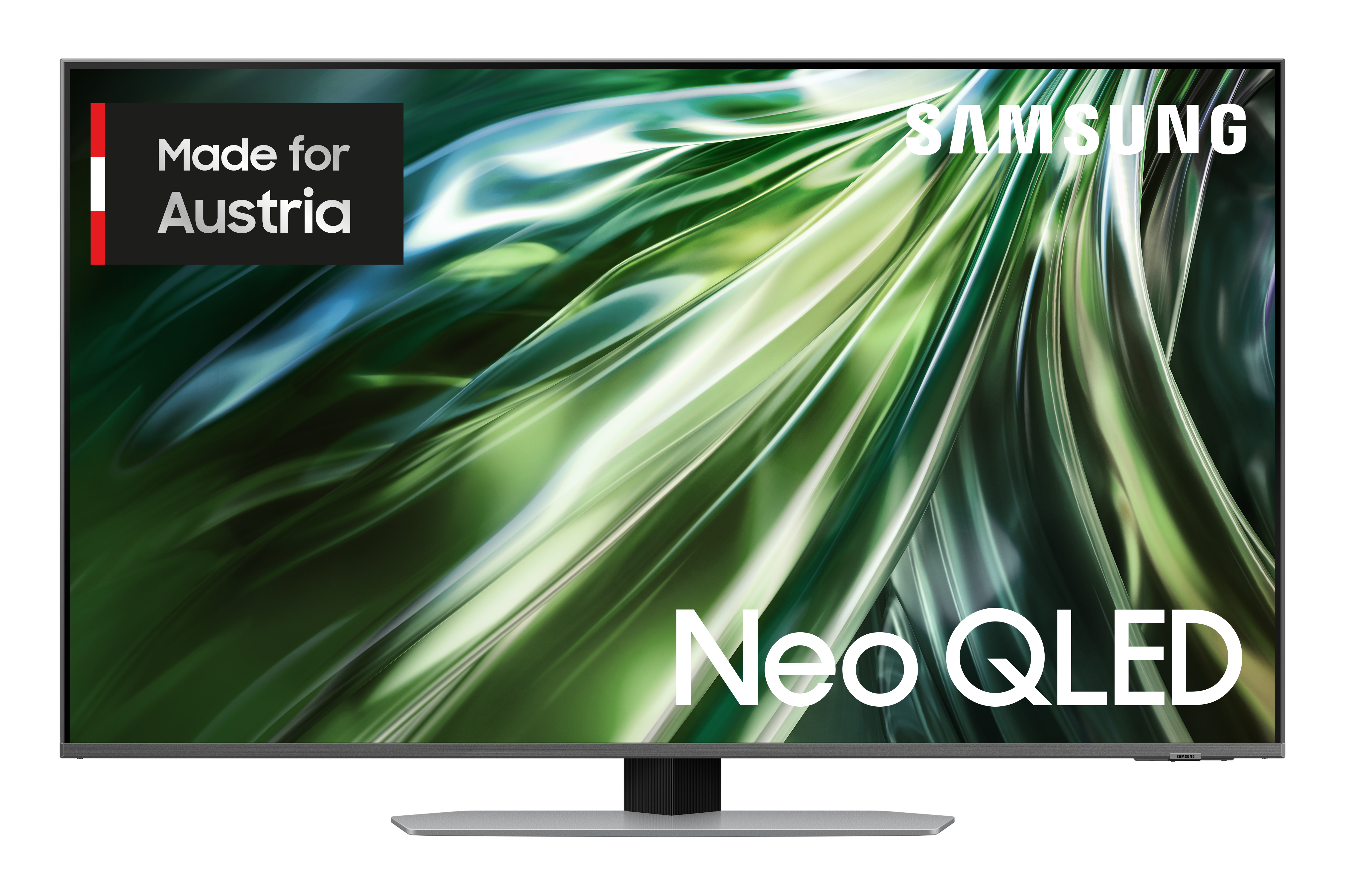Samsung Neo QLED TV mit grünem Design und dem Label 'Made for Austria'.