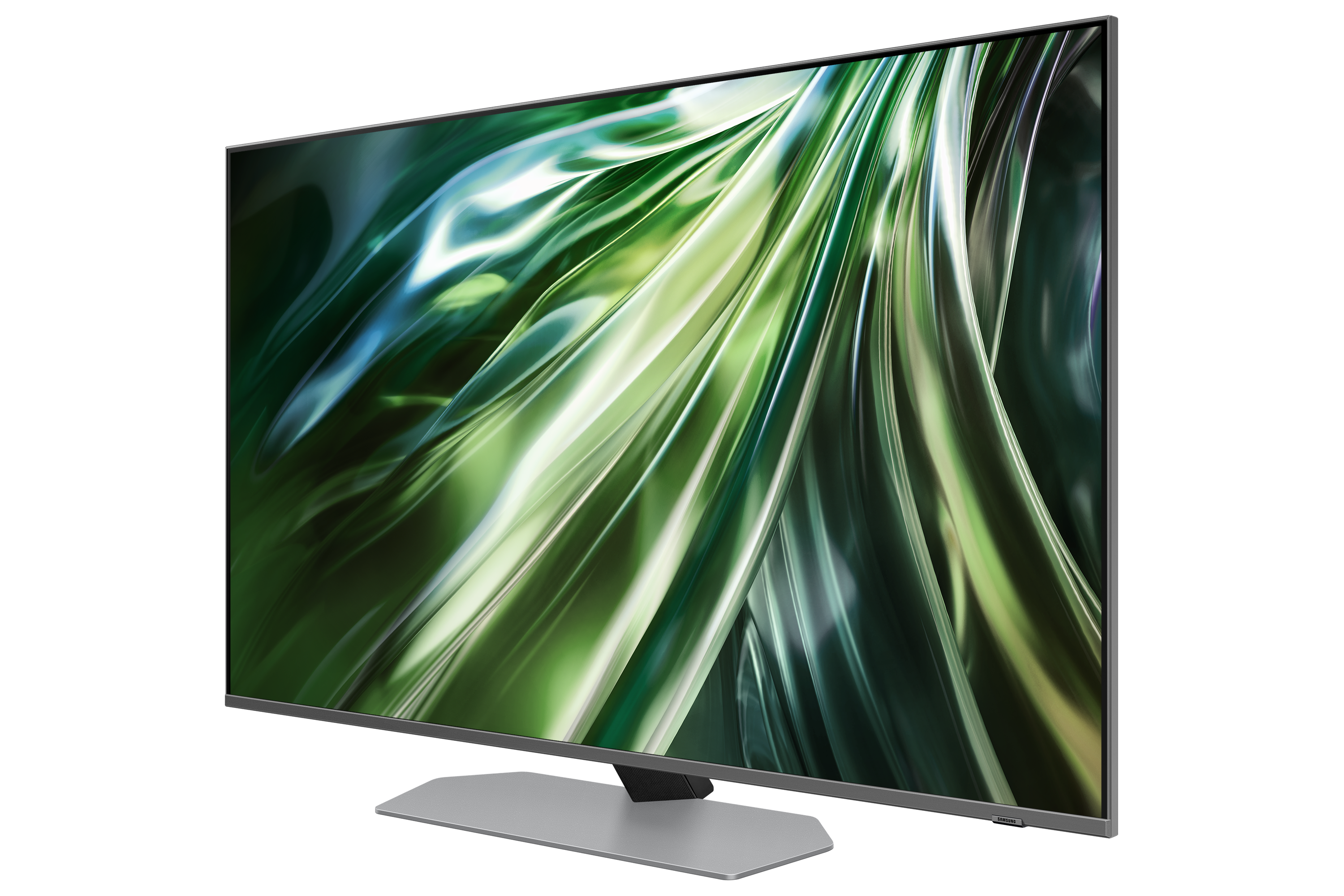 Ein gekrümmter TV-Bildschirm mit einem grünen und weißen abstrakten Muster auf schwarzem Hintergrund.
