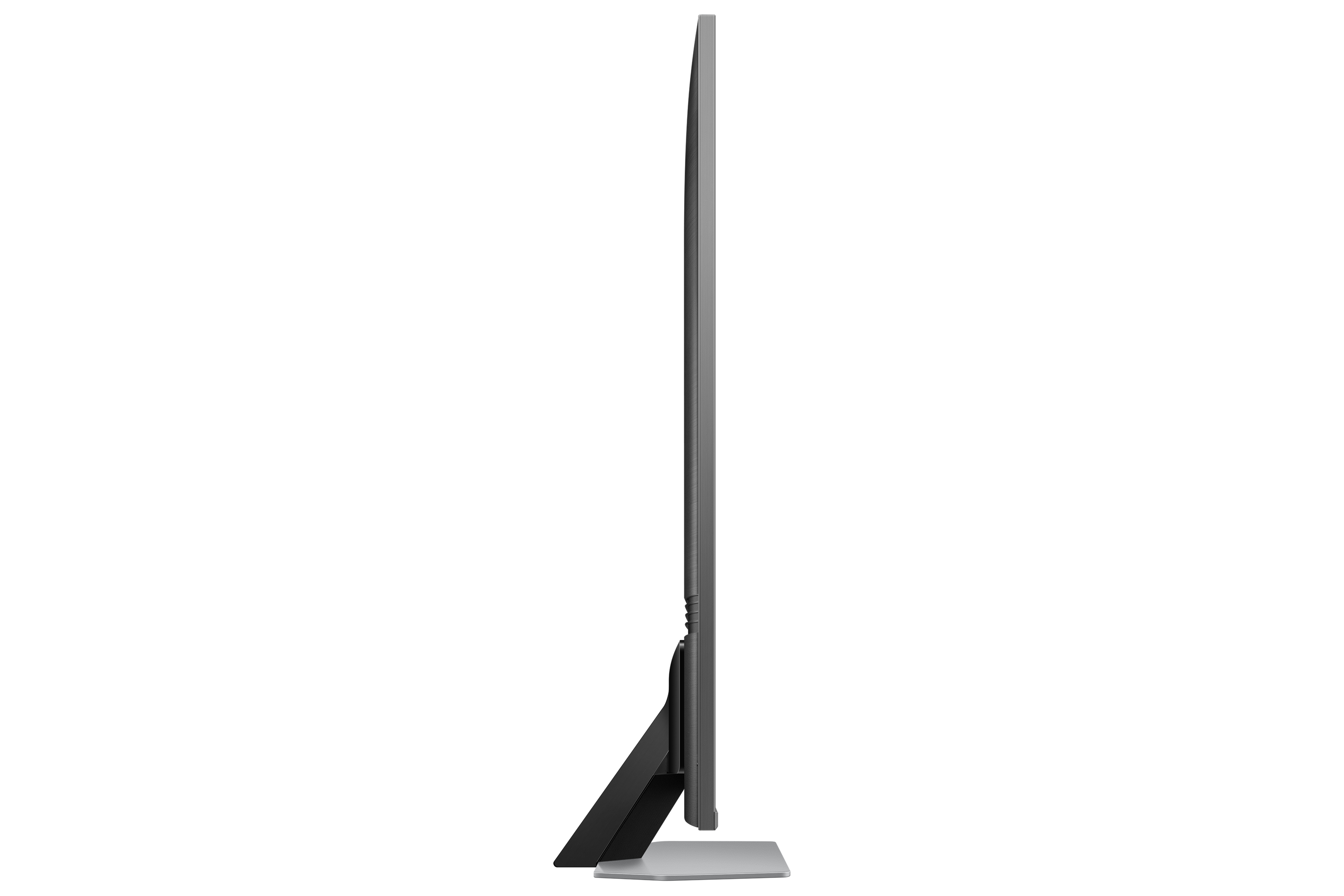 Seitenansicht eines schwarzen Fernsehers. Der Bildschirm ist schwarz, der Sockel silberfarben.