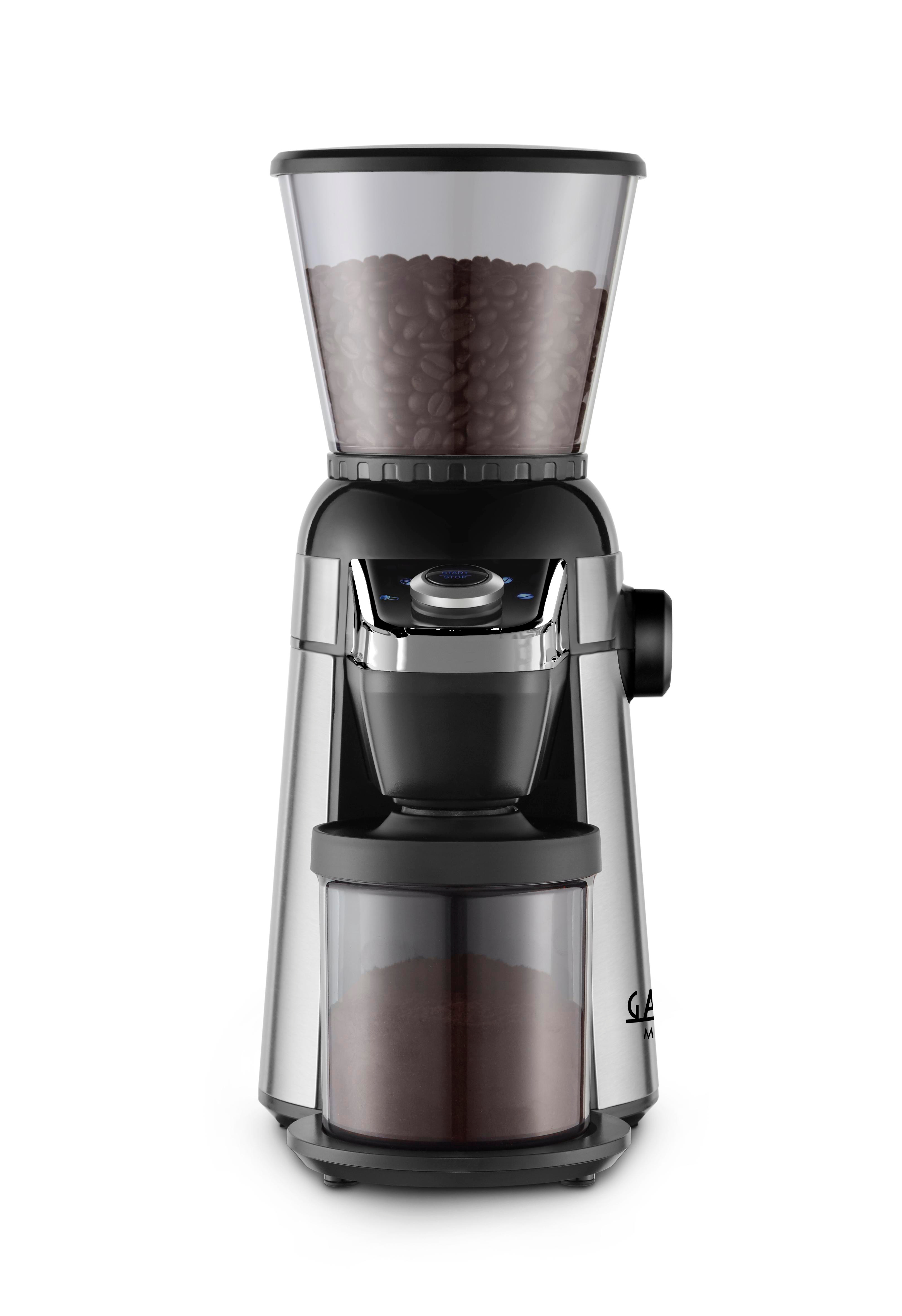 Eine silber-schwarze Kaffeemühle mit transparentem Deckel, der Kaffeebohnen enthält.