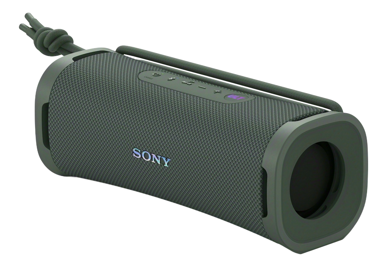 Tragbarer Sony-Lautsprecher. Dunkelgrüner rechteckiger Lautsprecher mit Knöpfen und Schlaufe.
