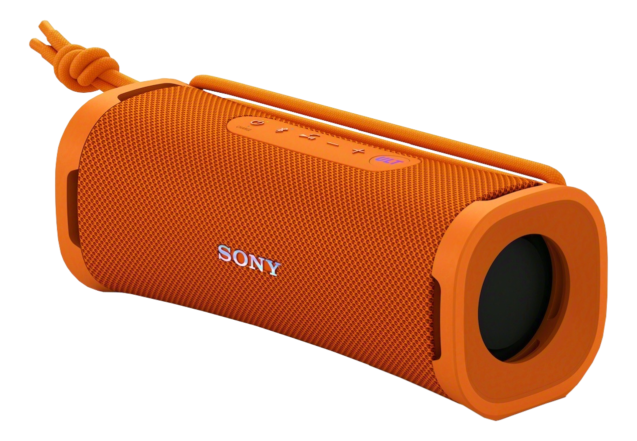 Ein orangefarbener tragbarer Sony-Lautsprecher mit Sony-Logo. Der Lautsprecher hat eine Schlaufe oben.