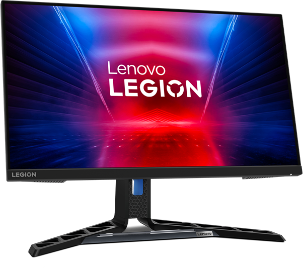 Egy Lenovo Legion játékmonitor. A képernyő piros és kék absztrakt dizájnt mutat. Az állvány fekete.