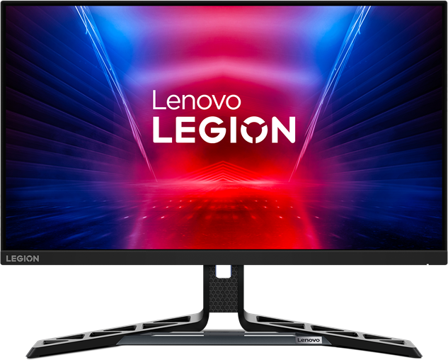 Fekete monitor, Lenovo Legion logóval, élénk, színes háttéren.