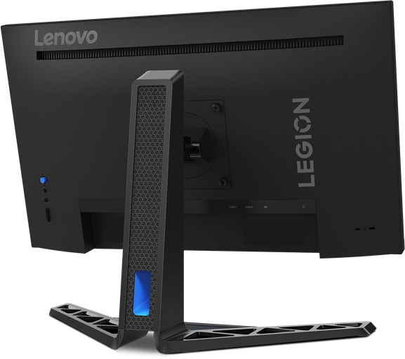 Fekete Lenovo Legion monitor hátulról, állvánnyal, kék fénnyel és Legion logóval.