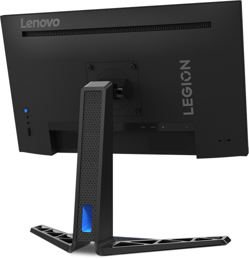 Egy fekete Lenovo Legion monitor hátulja. Van egy állványa és a márkanév rajta. A háttér fehér.