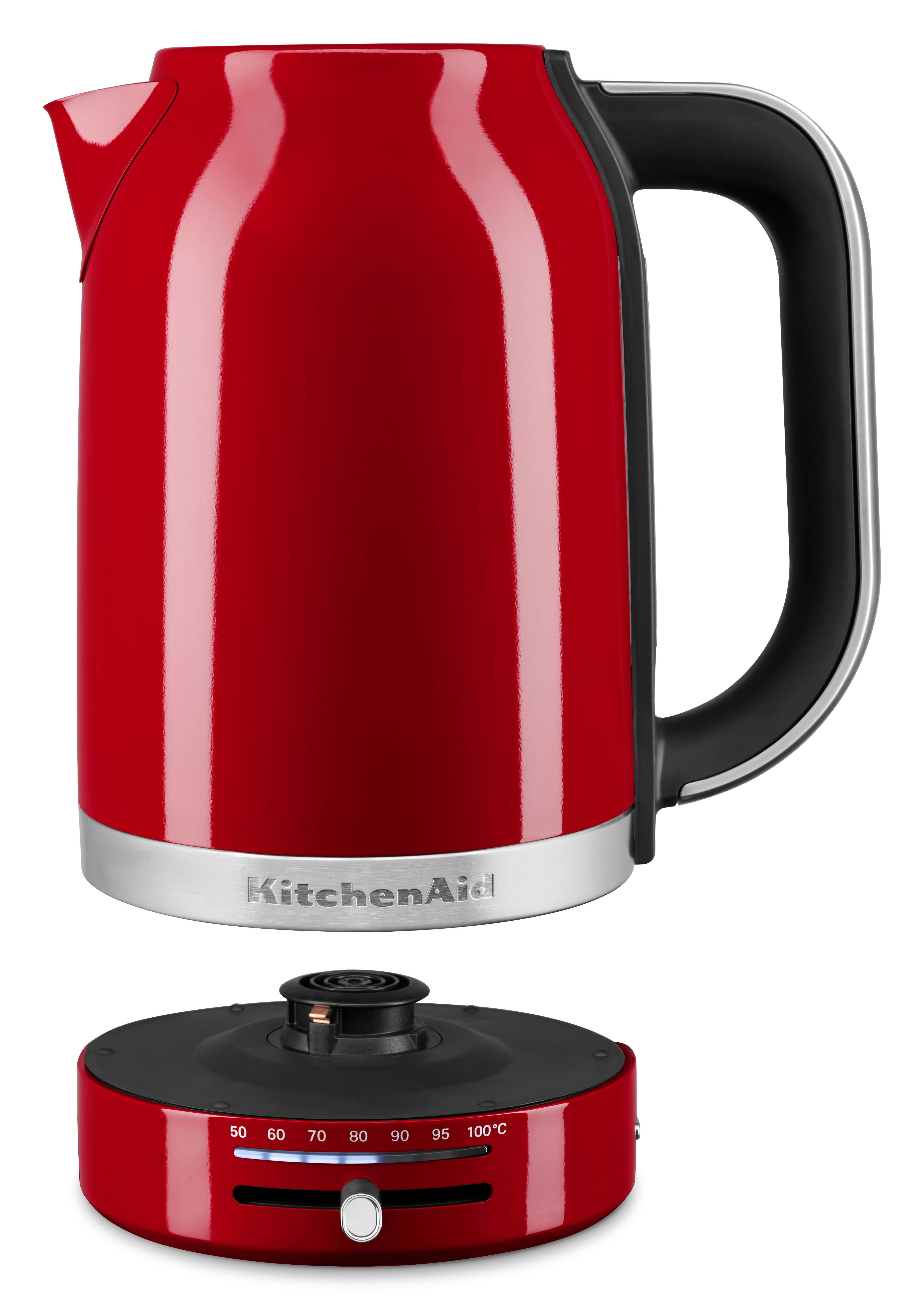 Roter KitchenAid Wasserkocher. Sockel mit Temperatureinstellungen und Drehregler. Schwarzer Griff.