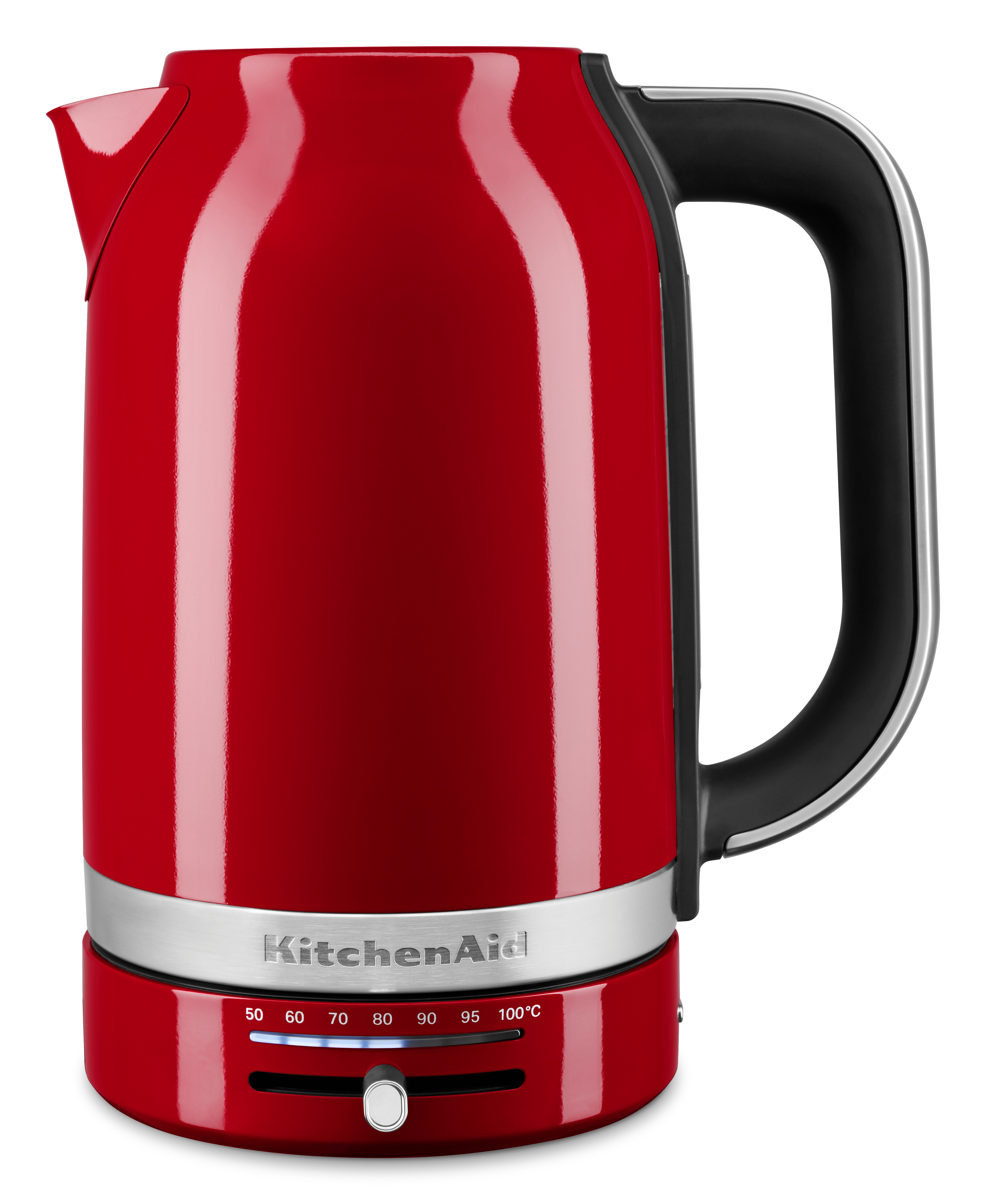 Ein roter KitchenAid Wasserkocher mit schwarzem Griff, silbernem Sockel und KitchenAid Logo.