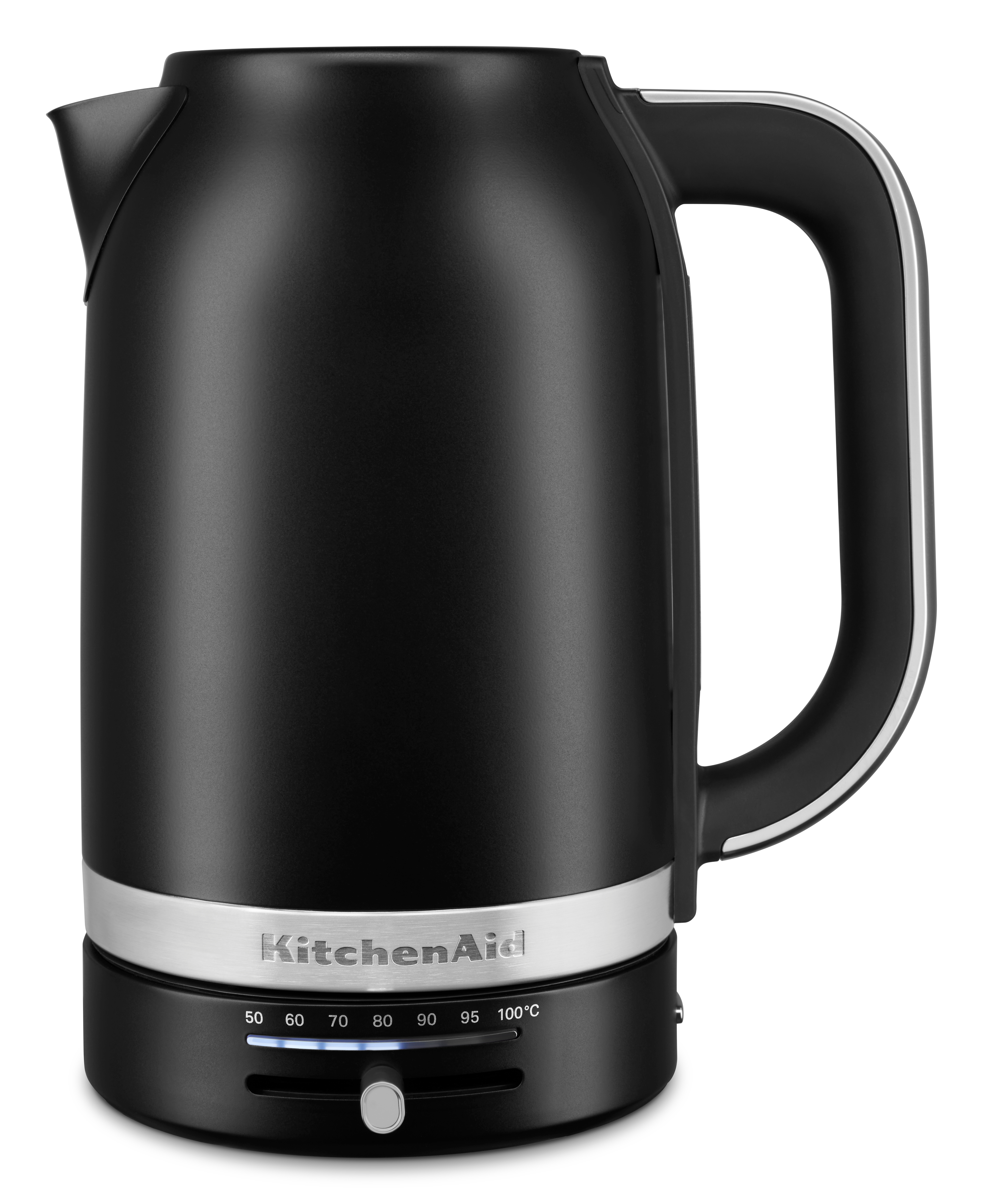 Ein schwarzer elektrischer Wasserkocher von KitchenAid mit silbernem Sockel und Temperaturregler.