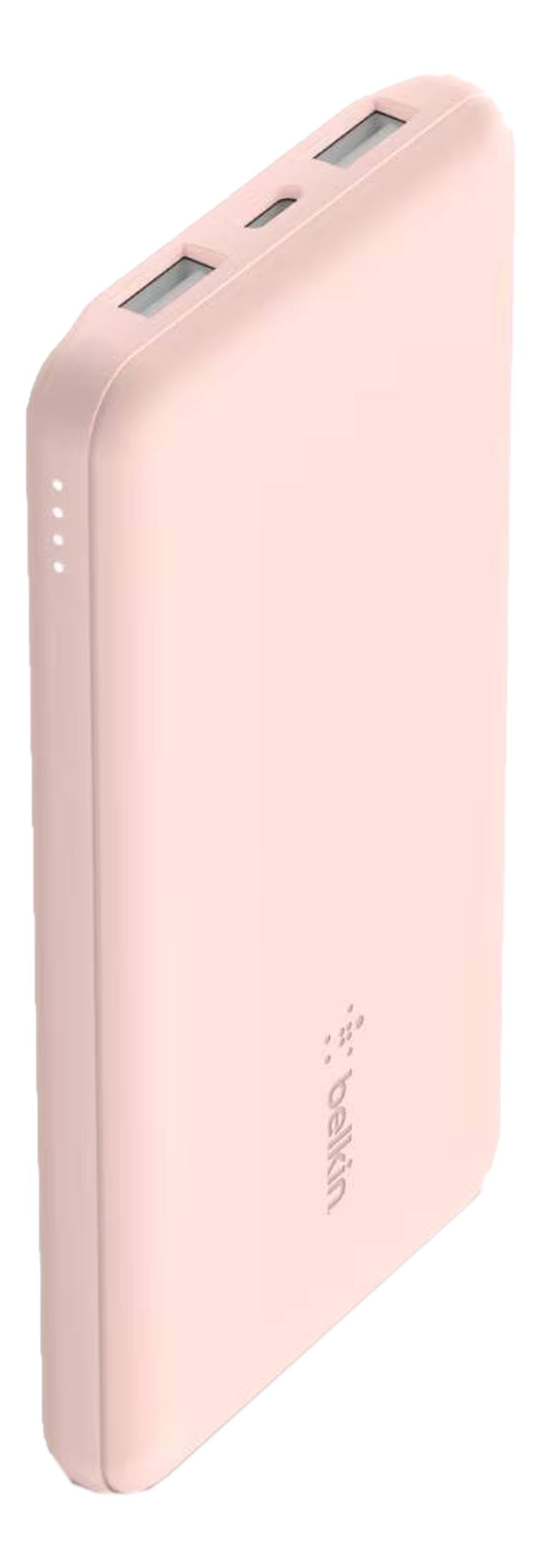 Batterie externe rose avec deux ports USB et un port de charge.