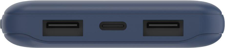 Une batterie externe bleu foncé avec trois ports noirs : deux USB et un USB-C. L'appareil a des bords arrondis.