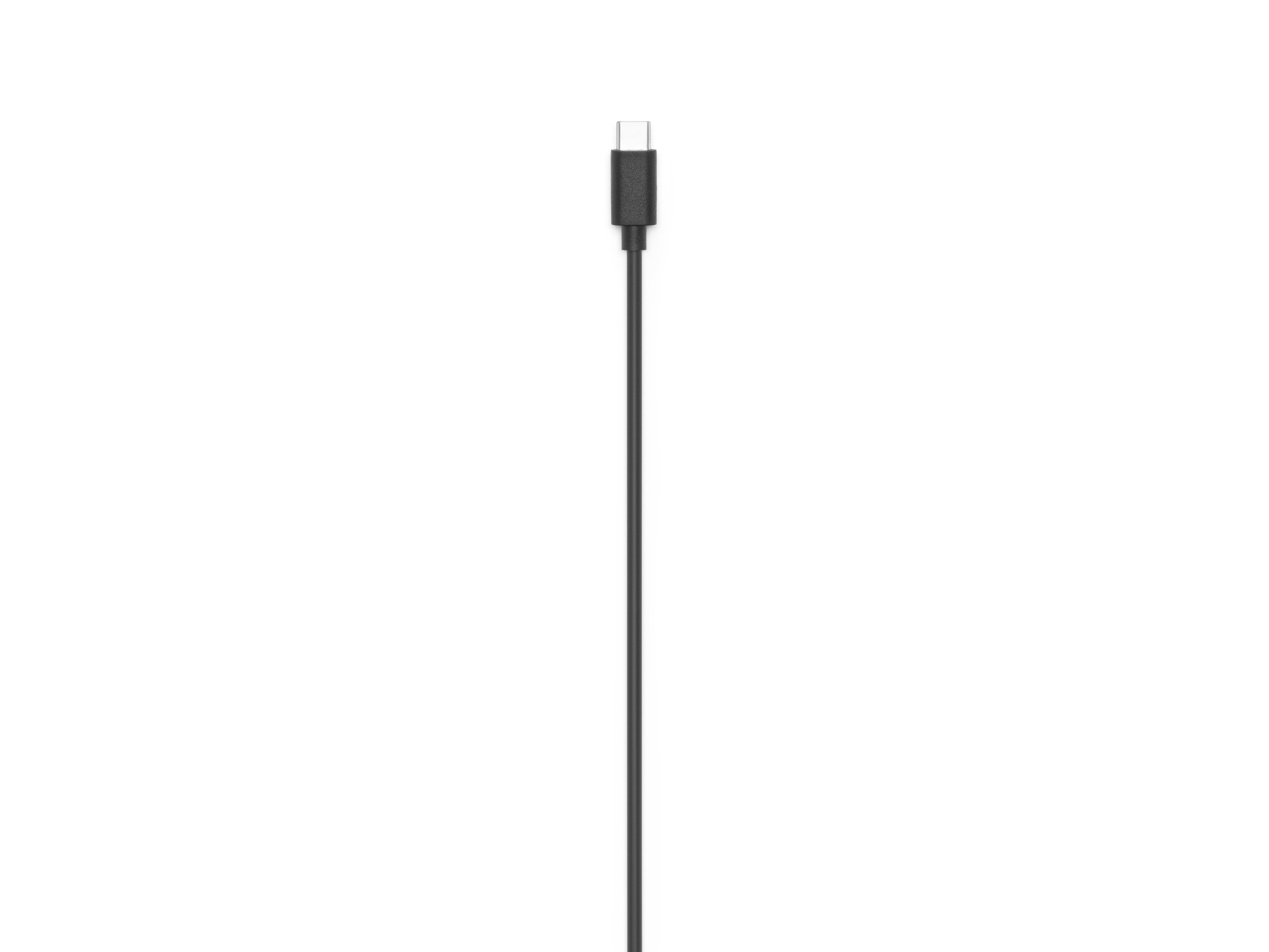 Ein schwarzes USB-C-Kabel, isoliert auf weißem Hintergrund.