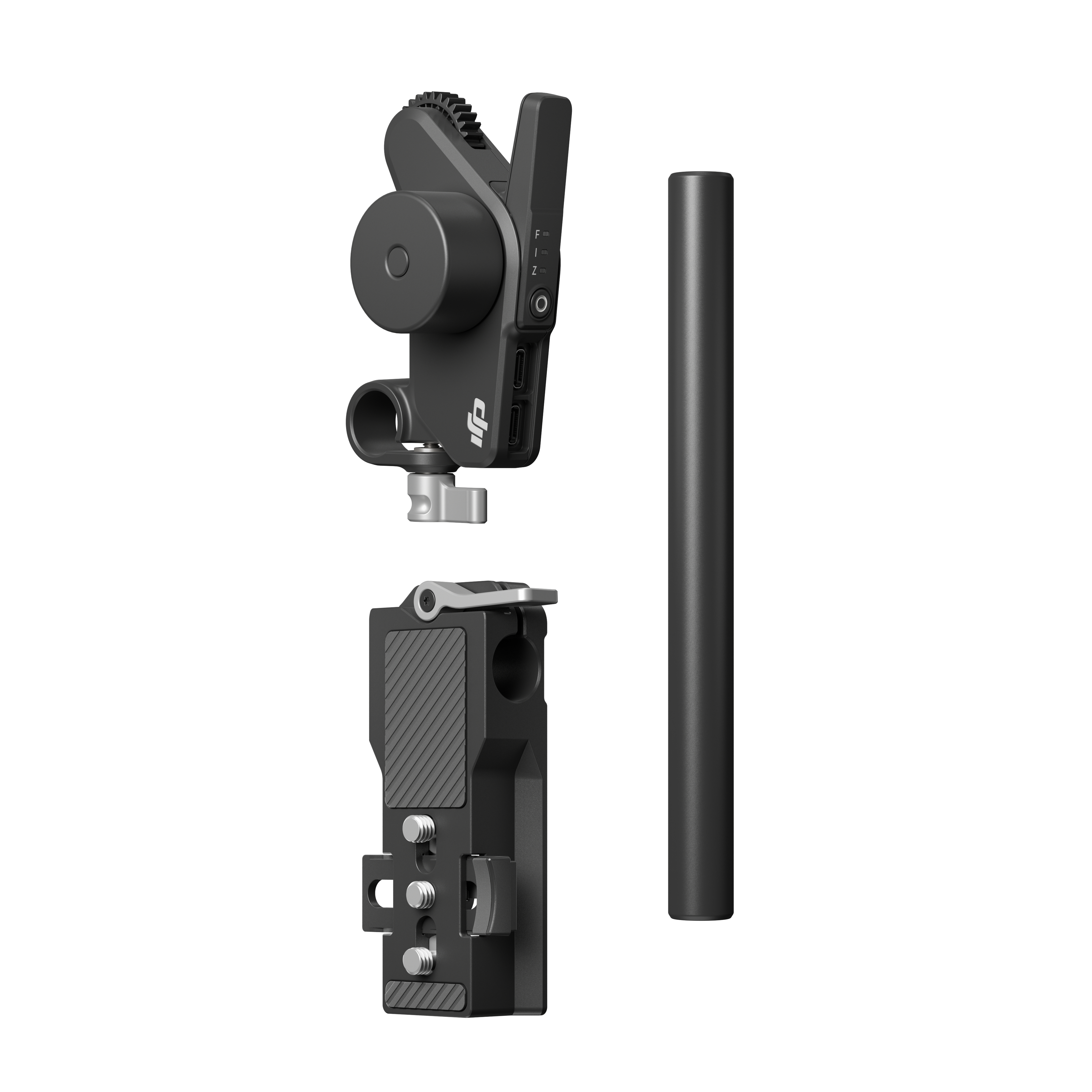 Schwarze DJI-Kamera-Gimbal-Komponenten: eine Montageplatte, eine Motoreinheit und eine Stange, vor weißem Hintergrund.
