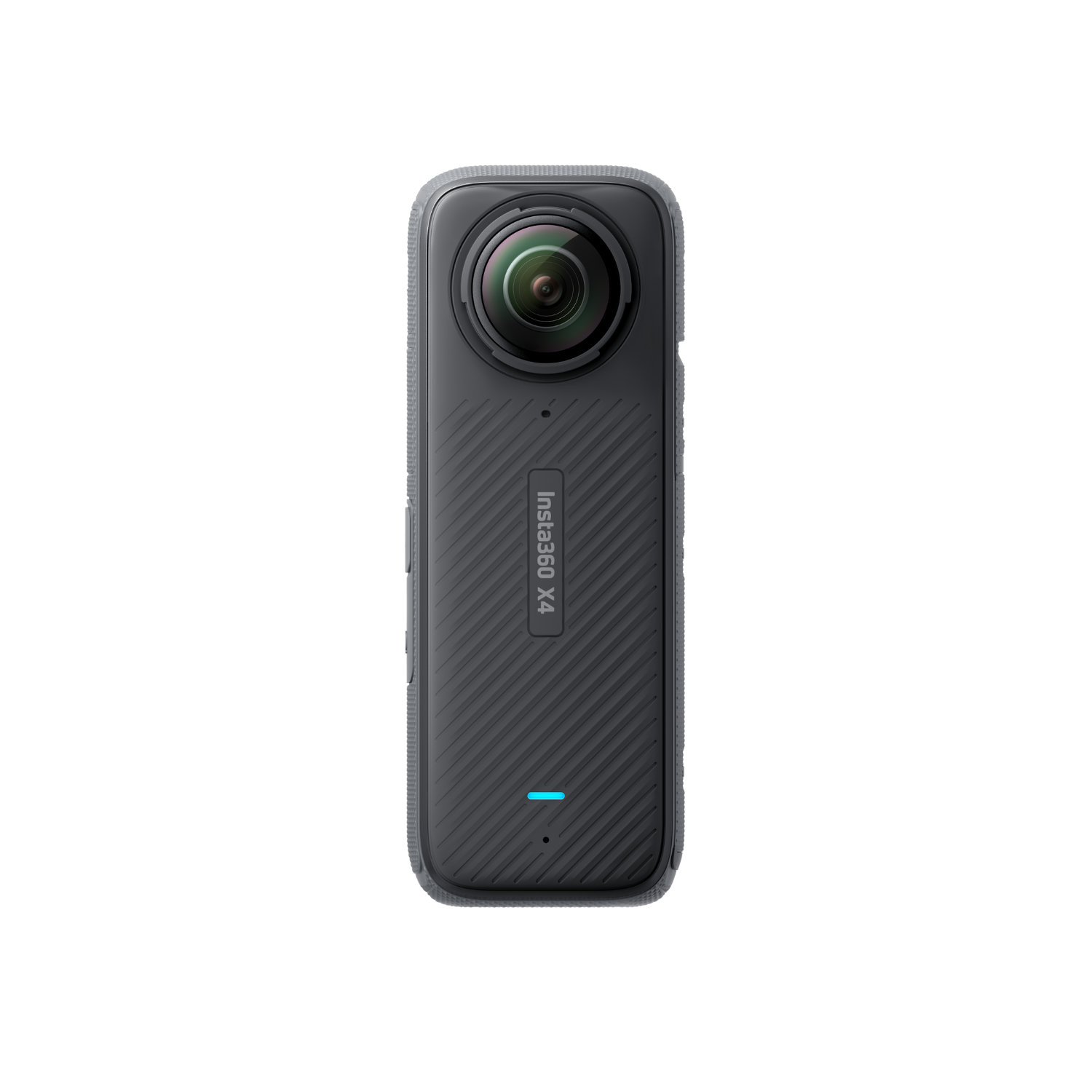 Cámara negra Insta360 X4. Lentes duales, cuerpo rectangular y luz azul.