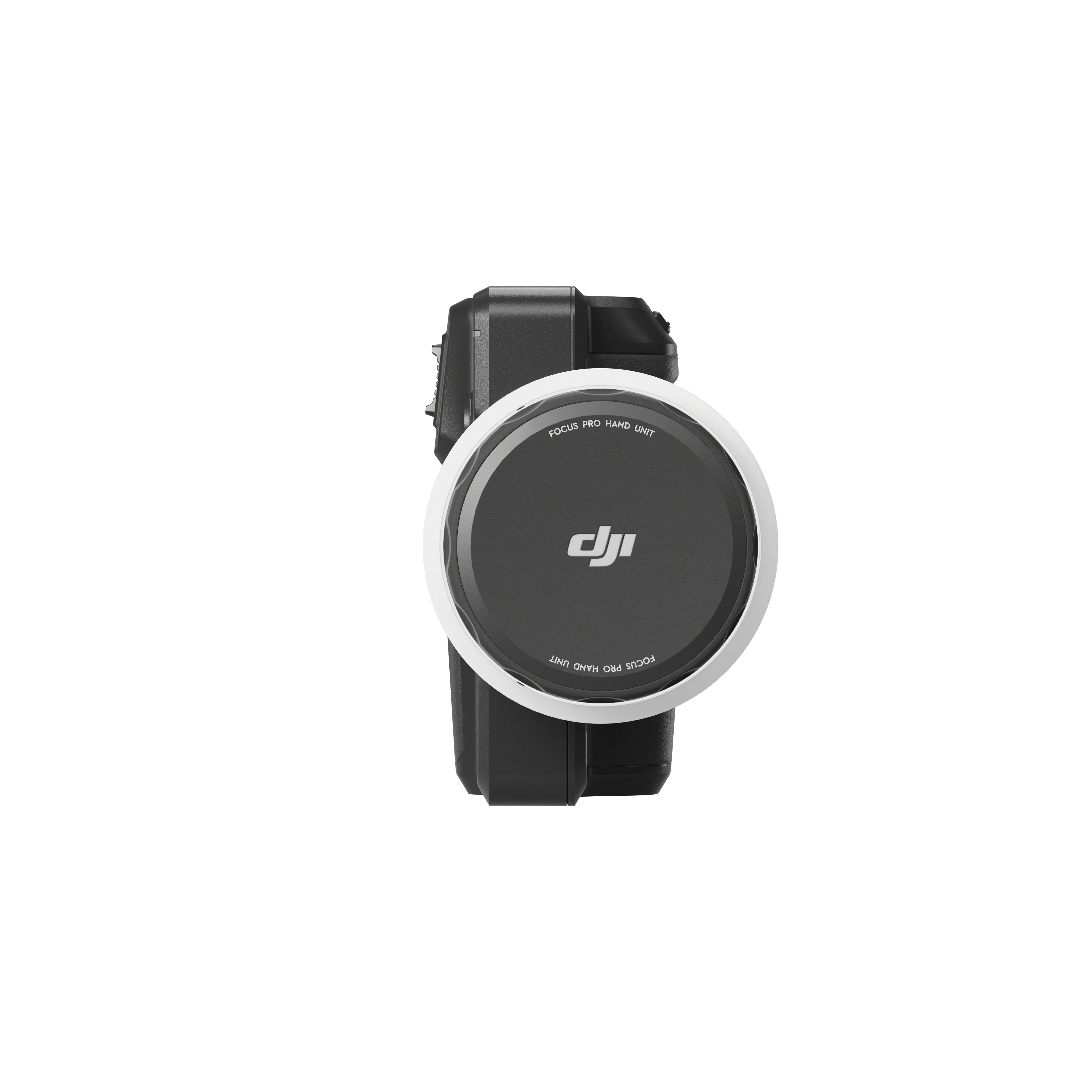 Eine schwarze DJI Focus Pro Handeinheit, Draufsicht, mit weißem Ring und DJI-Logo.