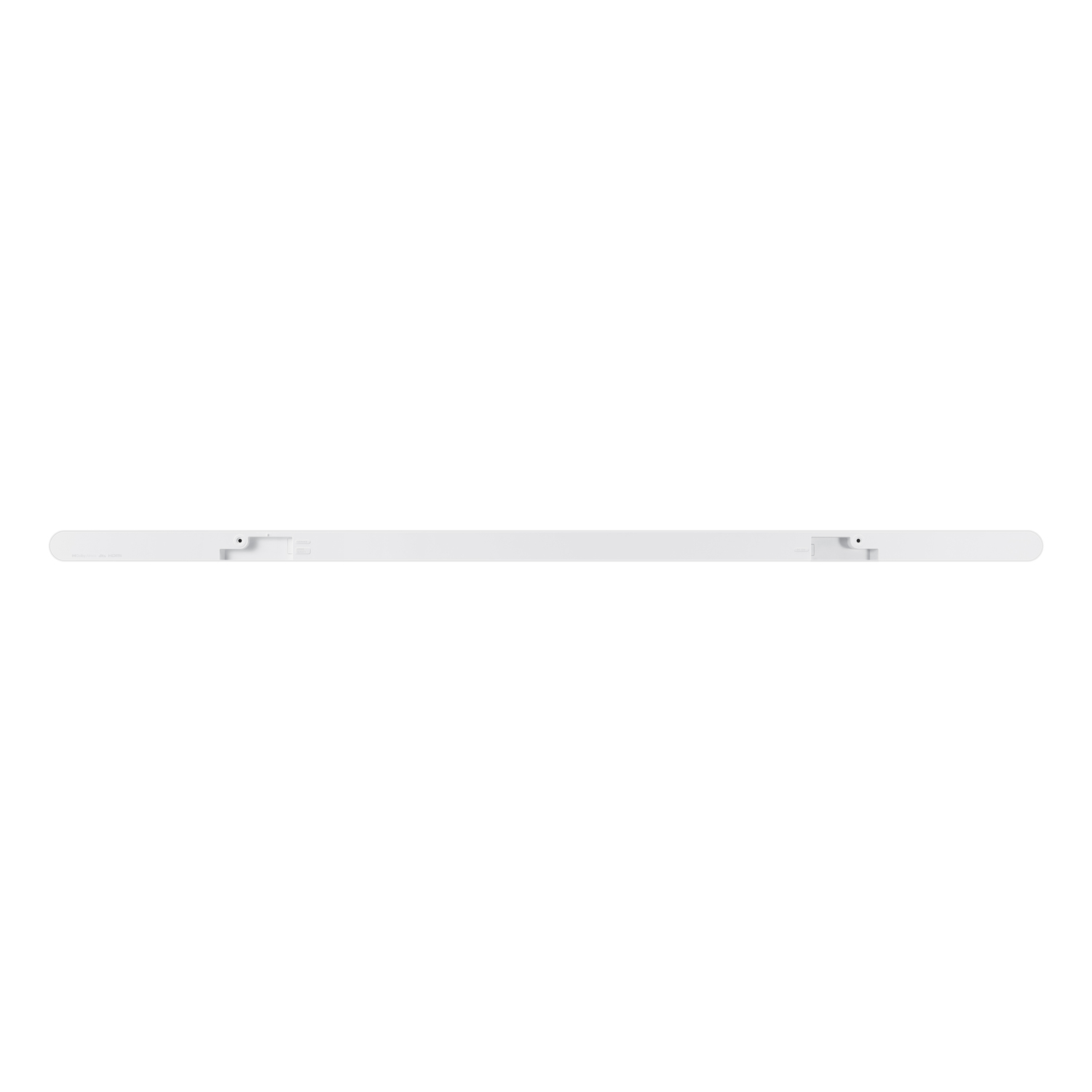 Barre de son blanche, longue et rectangulaire, sur fond blanc.