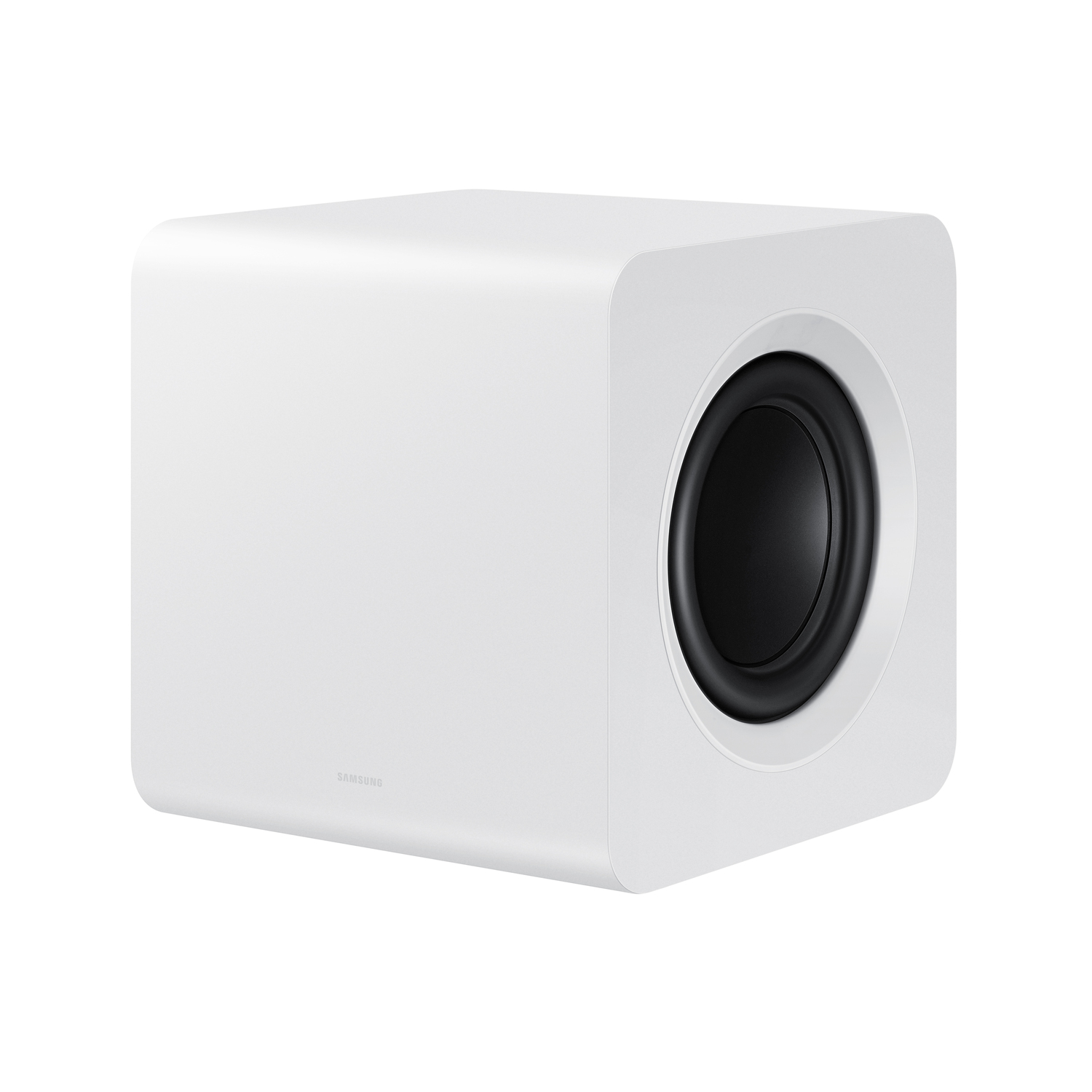 Caisson de basses blanc avec un design de cube arrondi et un haut-parleur noir centré.
