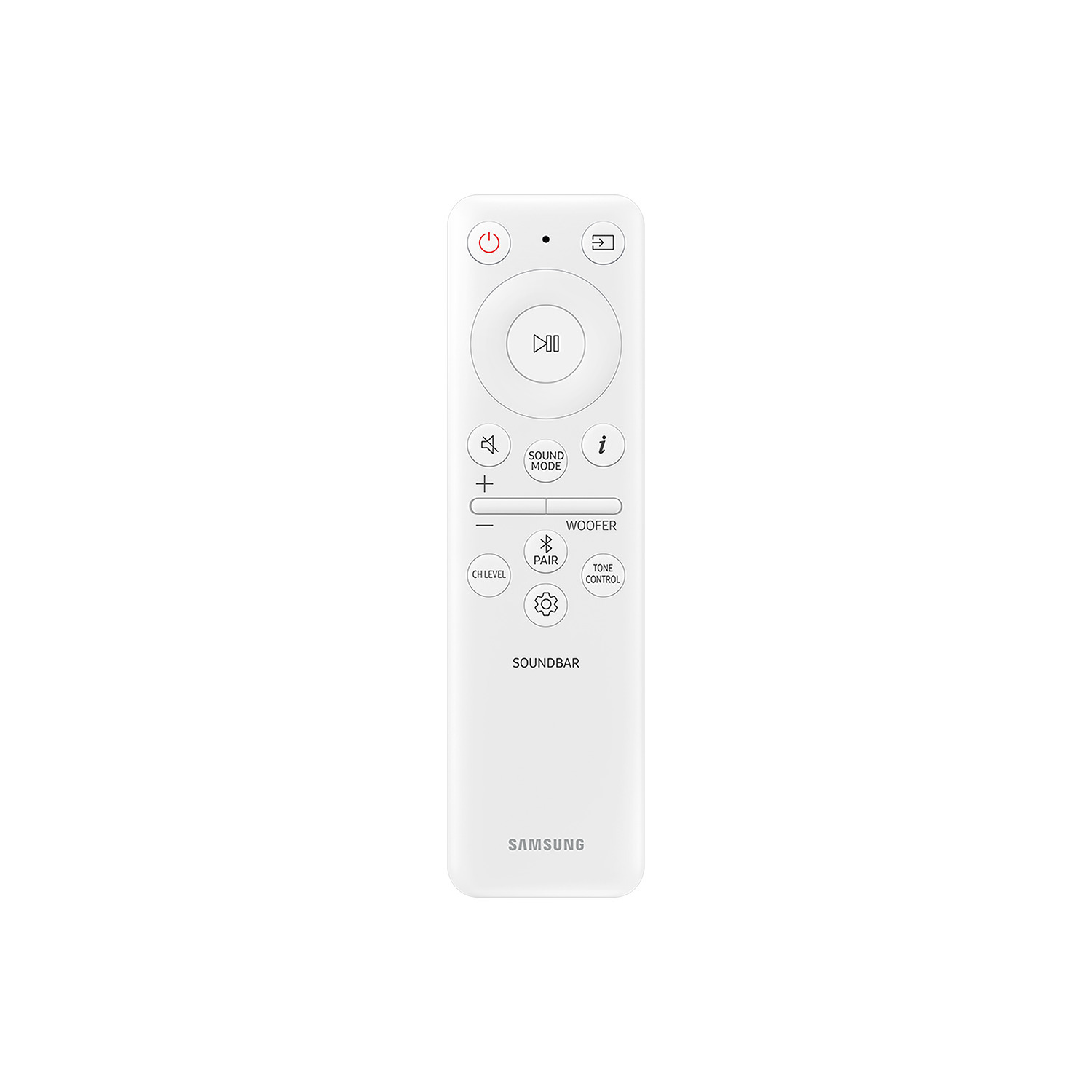 Télécommande de barre de son blanche. Boutons marche/arrêt, lecture, volume et mode son.