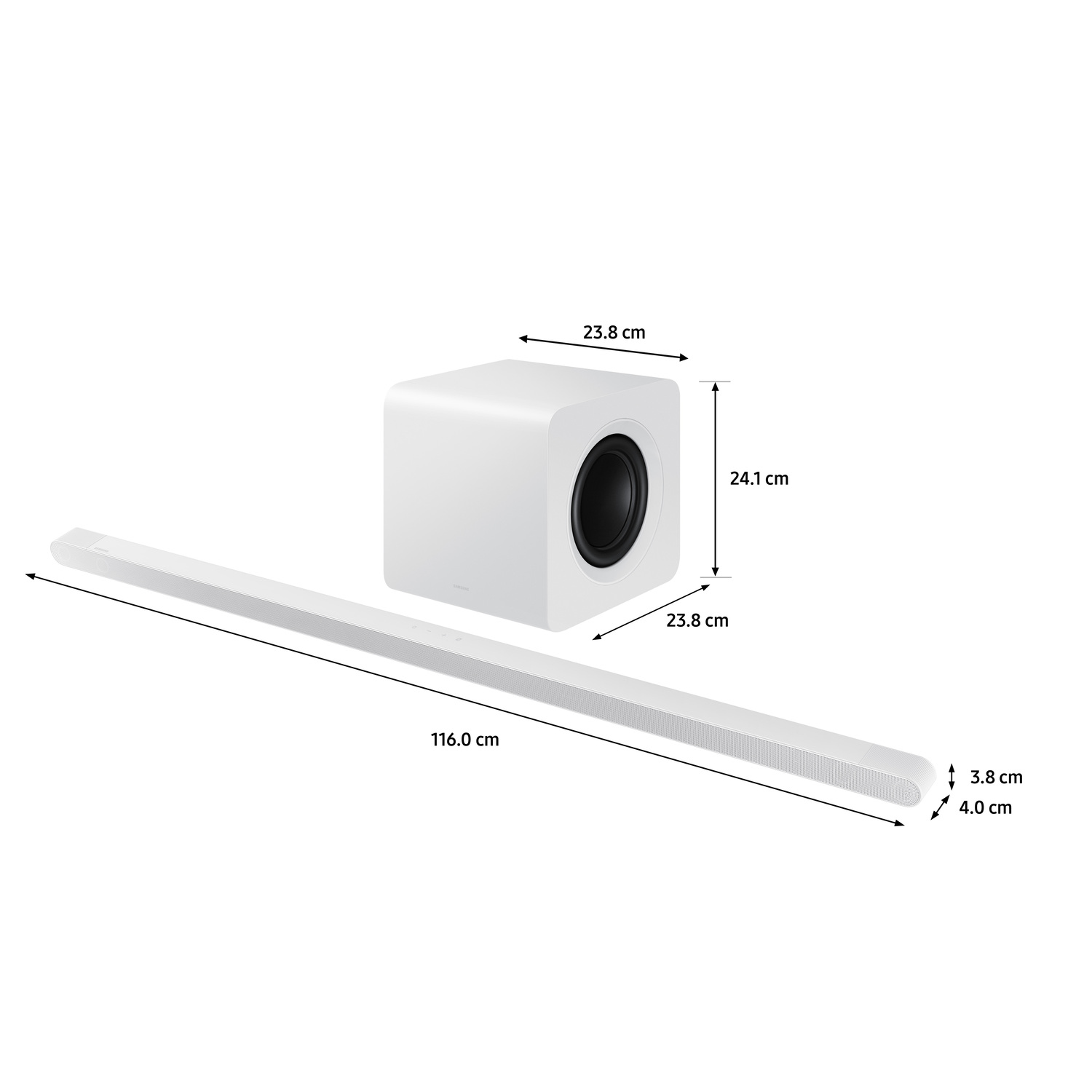 Barre de son et caisson de basses blancs avec dimensions, sur fond blanc.