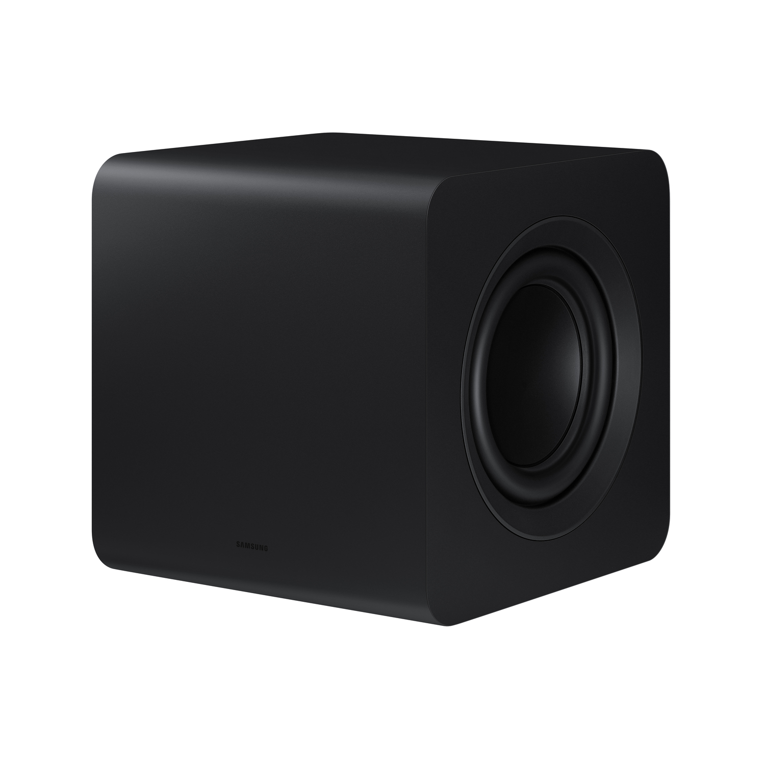 Un caisson de basses noir. C'est une boîte rectangulaire avec une ouverture pour le haut-parleur sur un côté, marque Samsung.