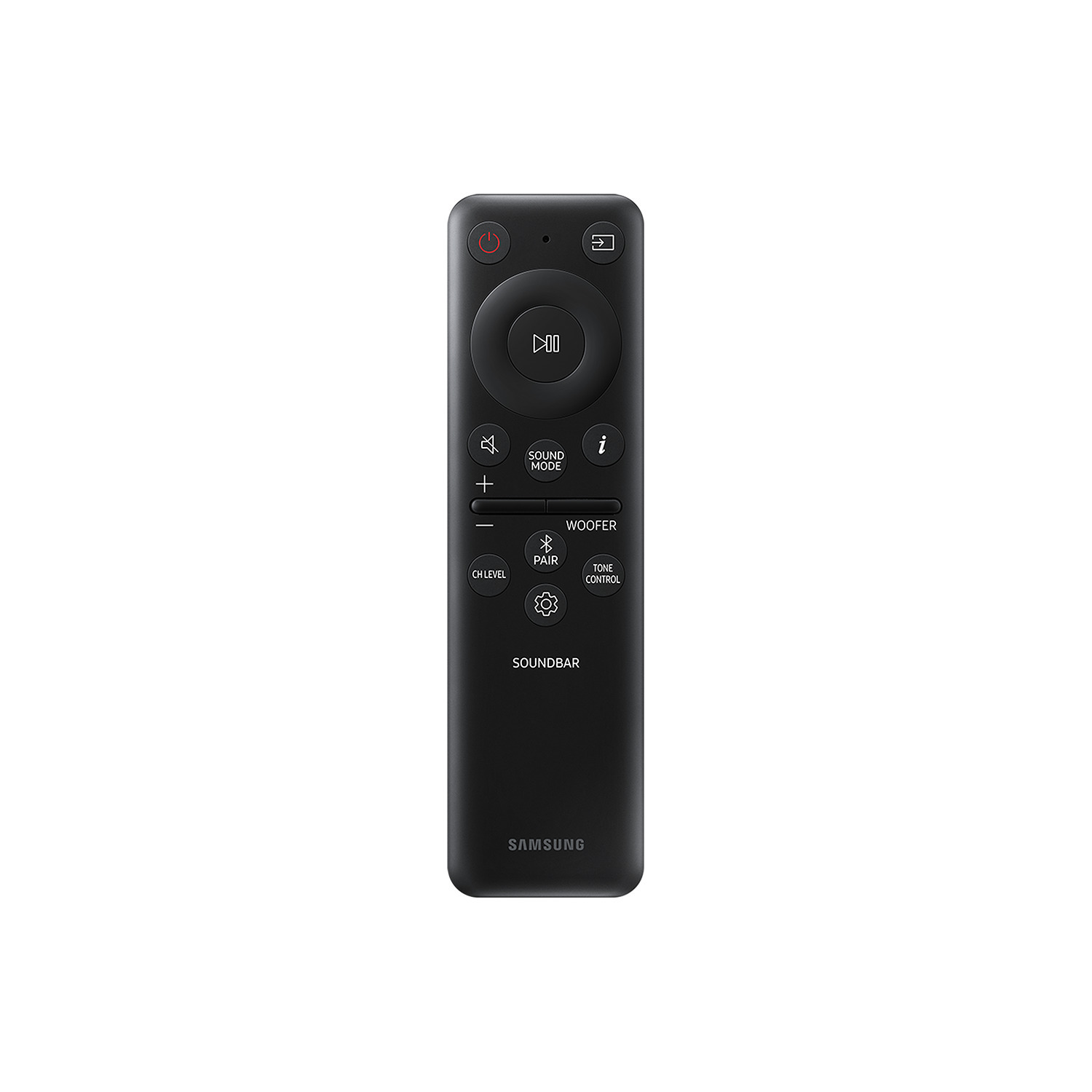 Une télécommande de barre de son Samsung noire avec divers boutons.