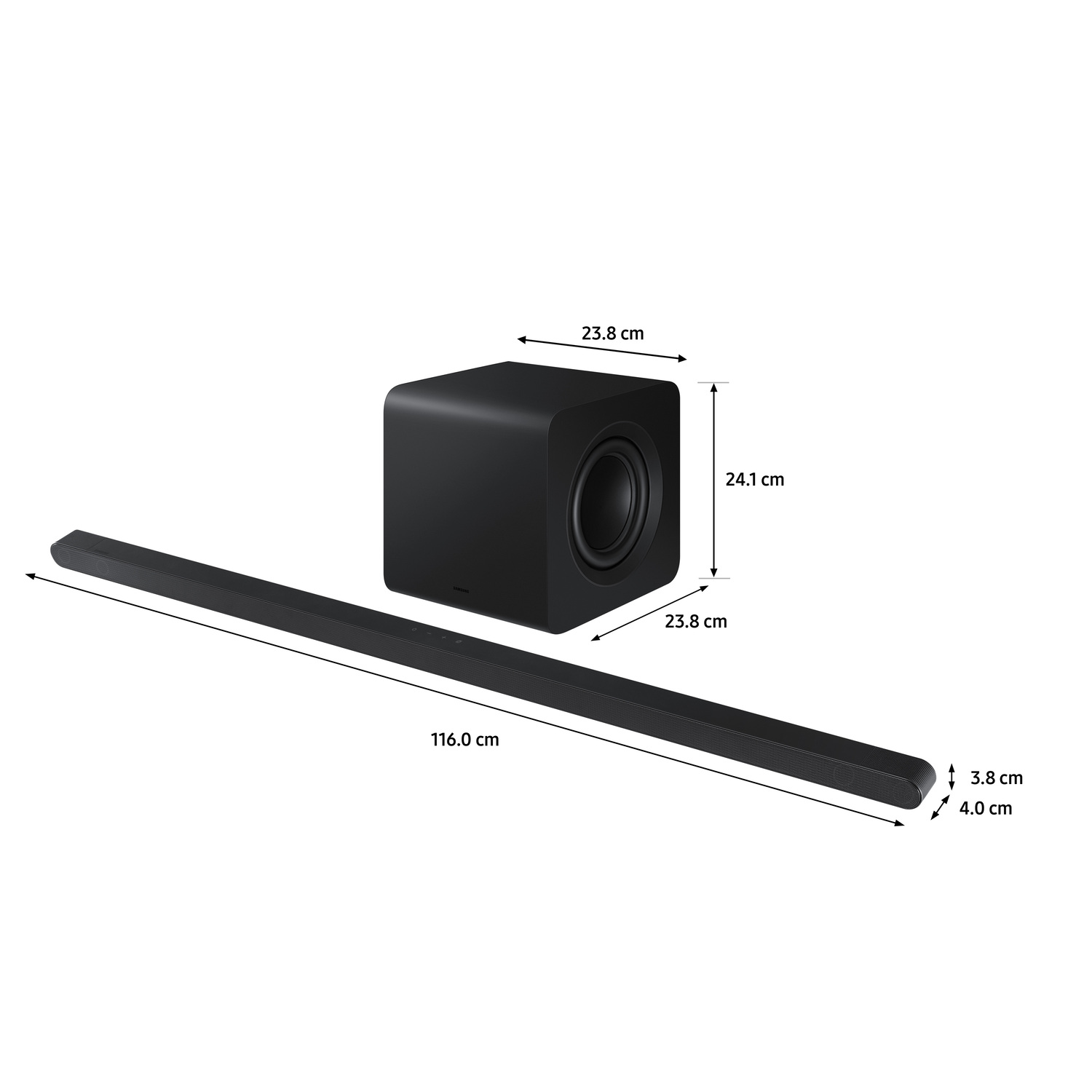Barre de son et caisson de basses noirs. Les dimensions sont affichées avec des flèches.