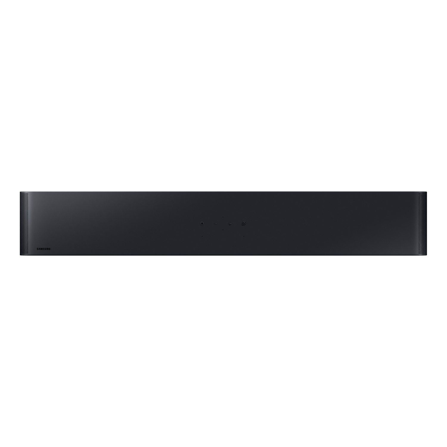 A black soundbar with three buttons in the middle on a white background.