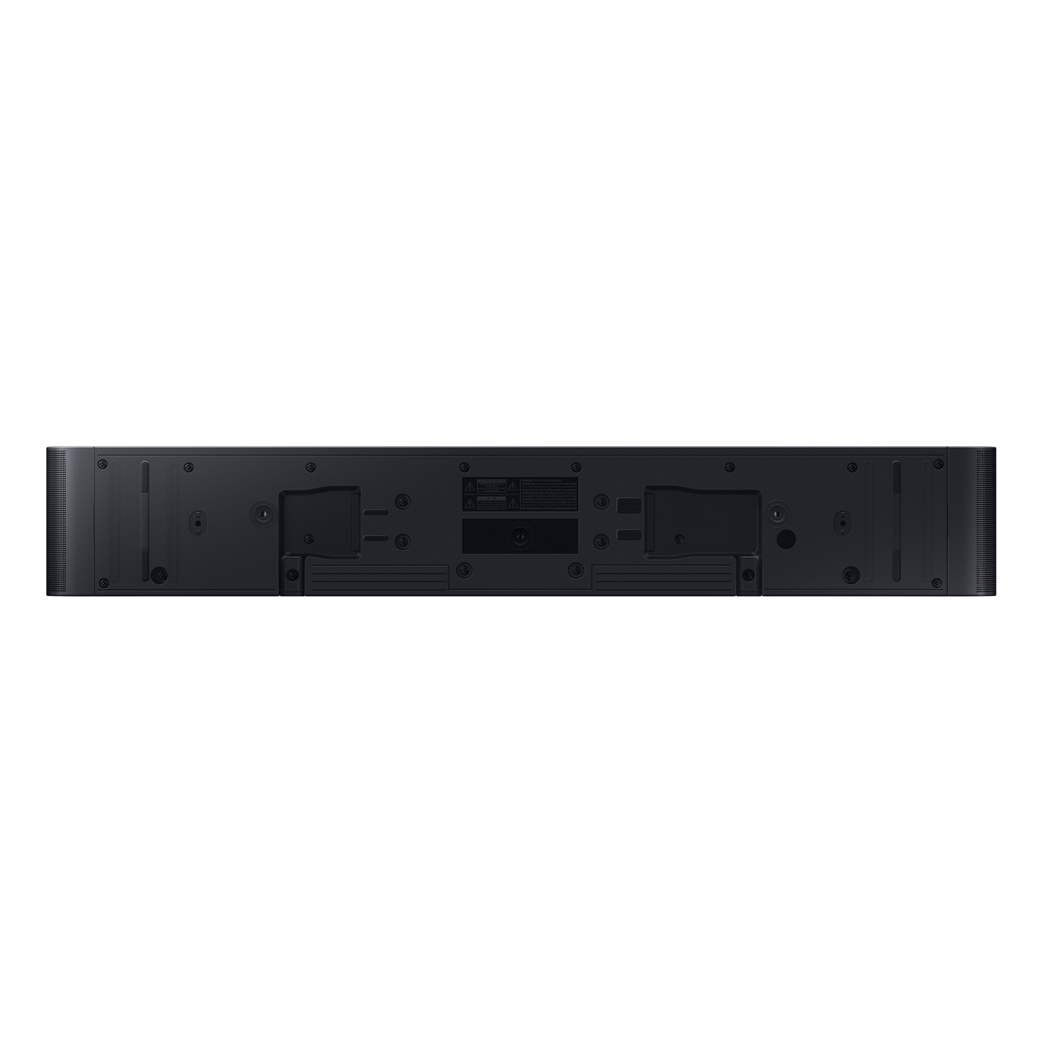 A black sound bar with multiple connection ports visible on the back.