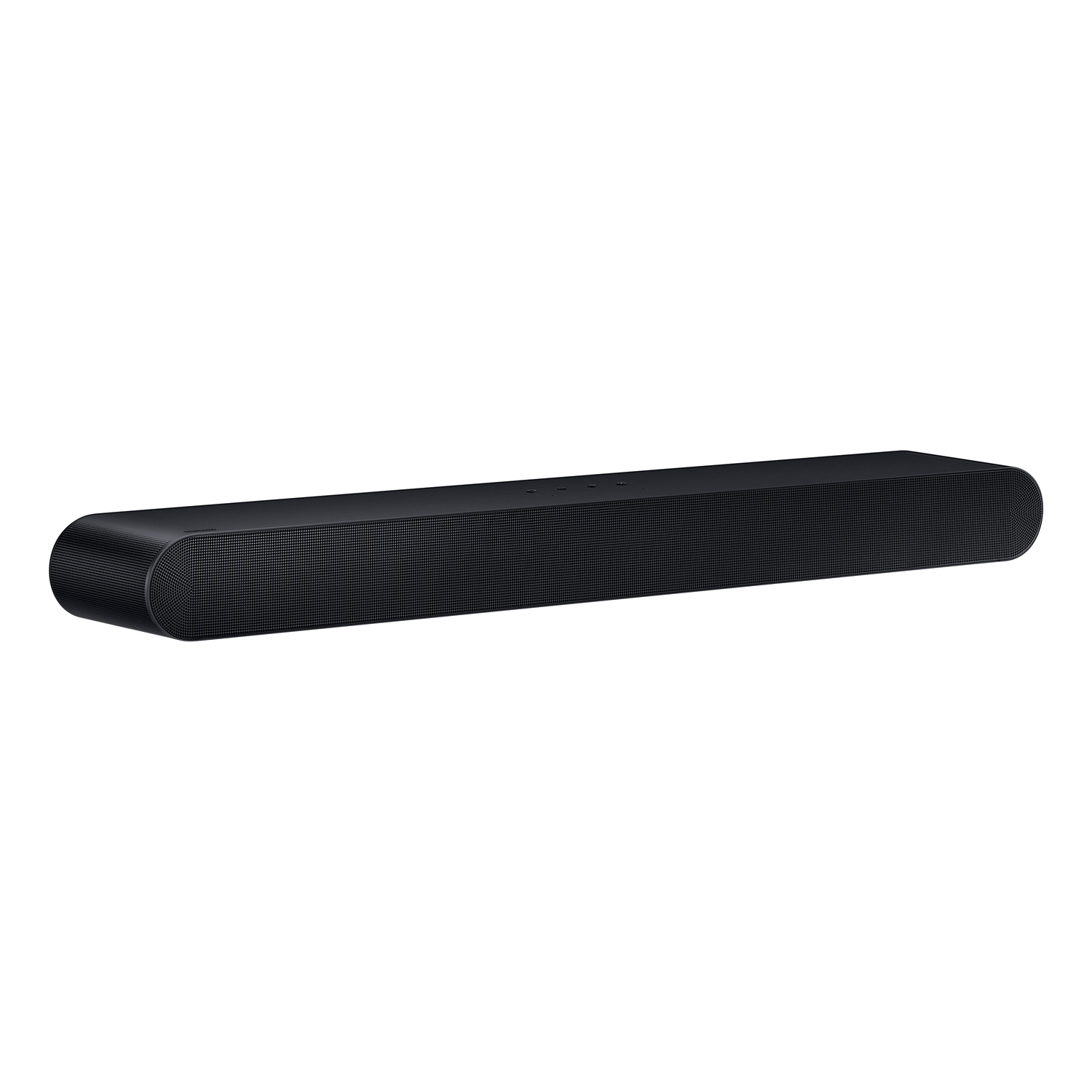 Black soundbar, curved shape, with speaker holes. White background.